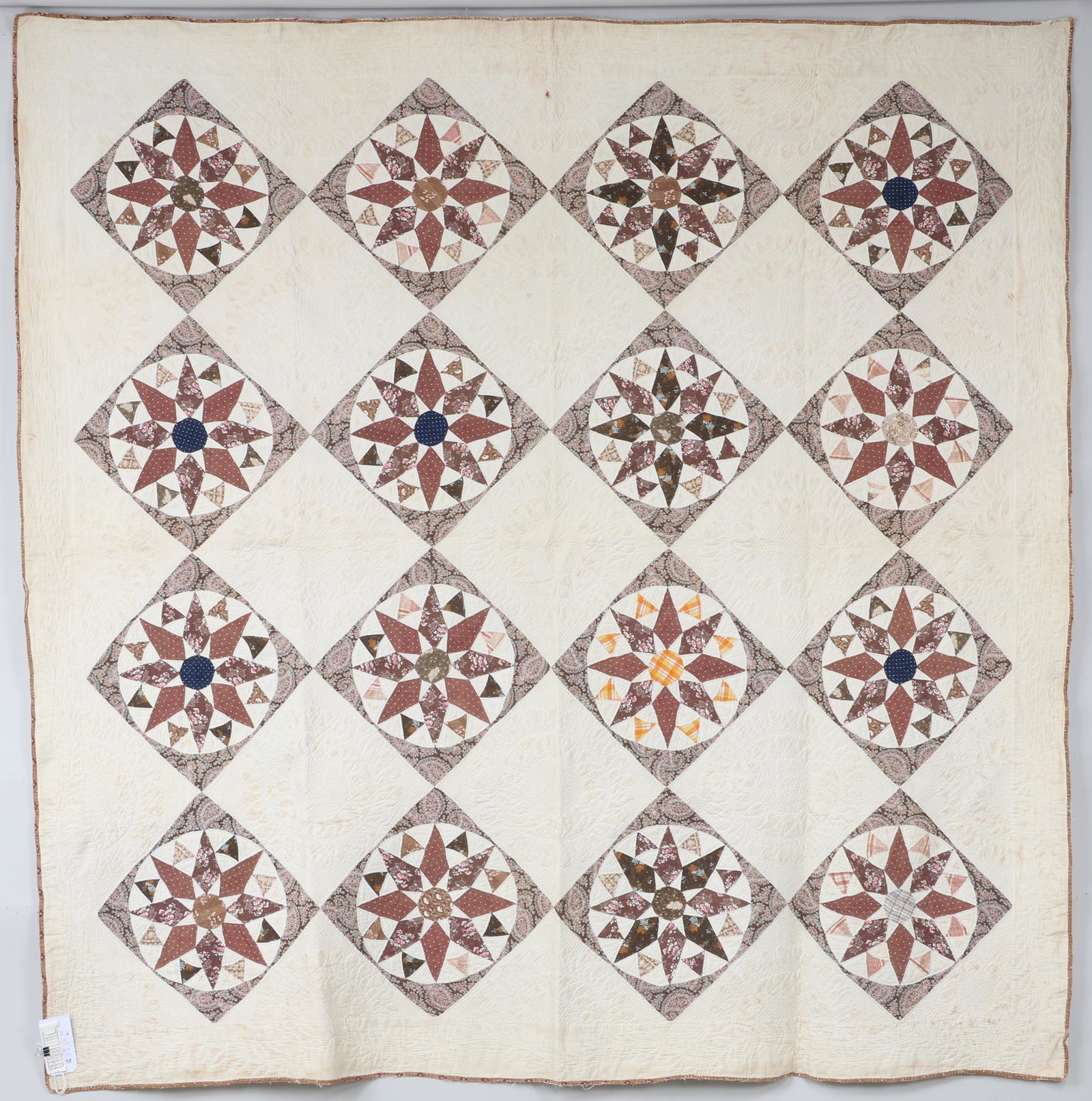 Chips and Whetstones or Compasses quilt: Chips and Whetstones or Compasses quilt, Hannah Welsh, circa 1835, cotton. Some stains and discoloration to top and backing. 85''h x 85w''. Provenance: Estate of Laura Fisher, New York, NY. Note: Come