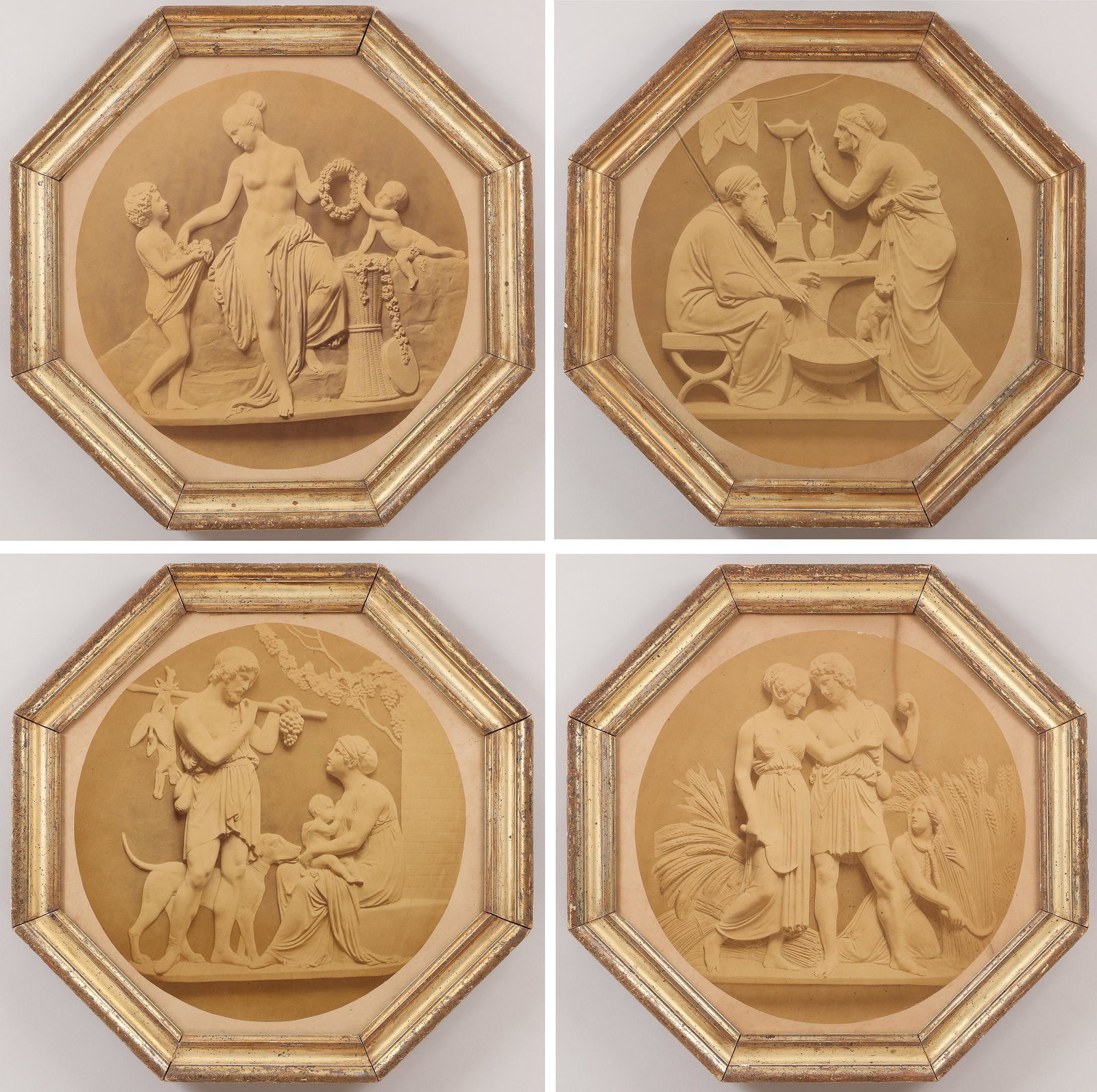 After BERTEL THORVALDSEN (Danish, 1768-1844): After BERTEL THORVALDSEN (Danish, 1768-1844), group of (4) albumen prints depicting Thorvaldsen's ''Four Seasons'' marble roundel reliefs, 19th century, the photographs cut in a round shape, under gla