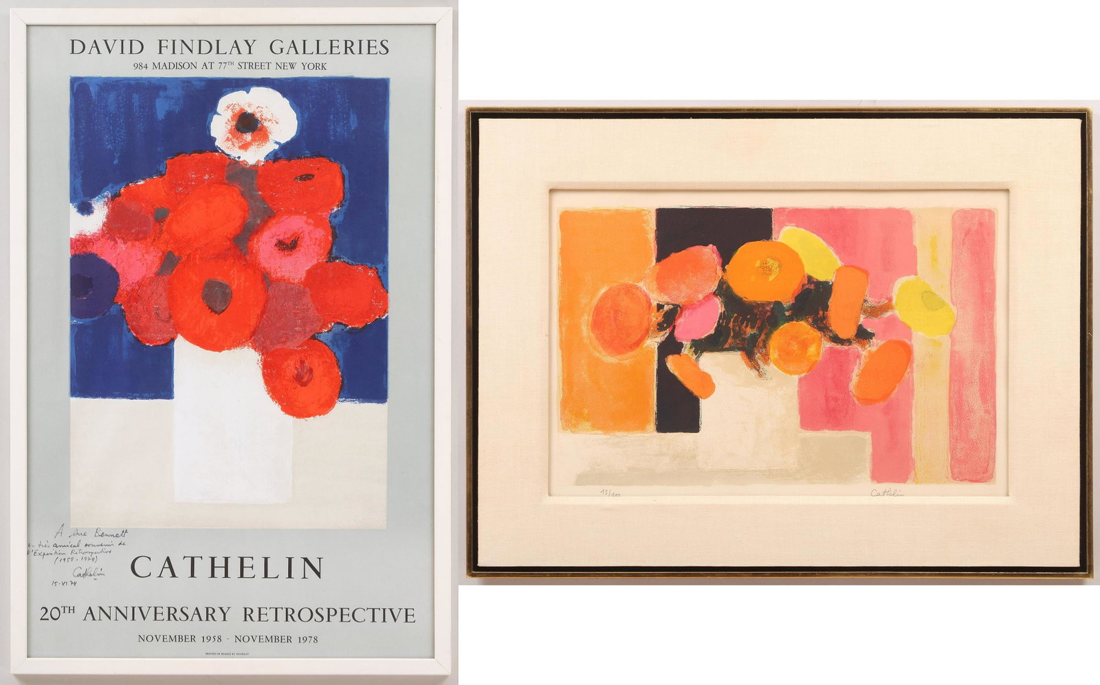 BERNARD CATHELIN (French, 1919-2004): BERNARD CATHELIN (French, 1919-2004), group of (2) items, to include: ''Petit Bouquet de Fete'', 1968, lithograph in colors on wove paper, pencil signed lower right margin, numbered 13/100 lower left,