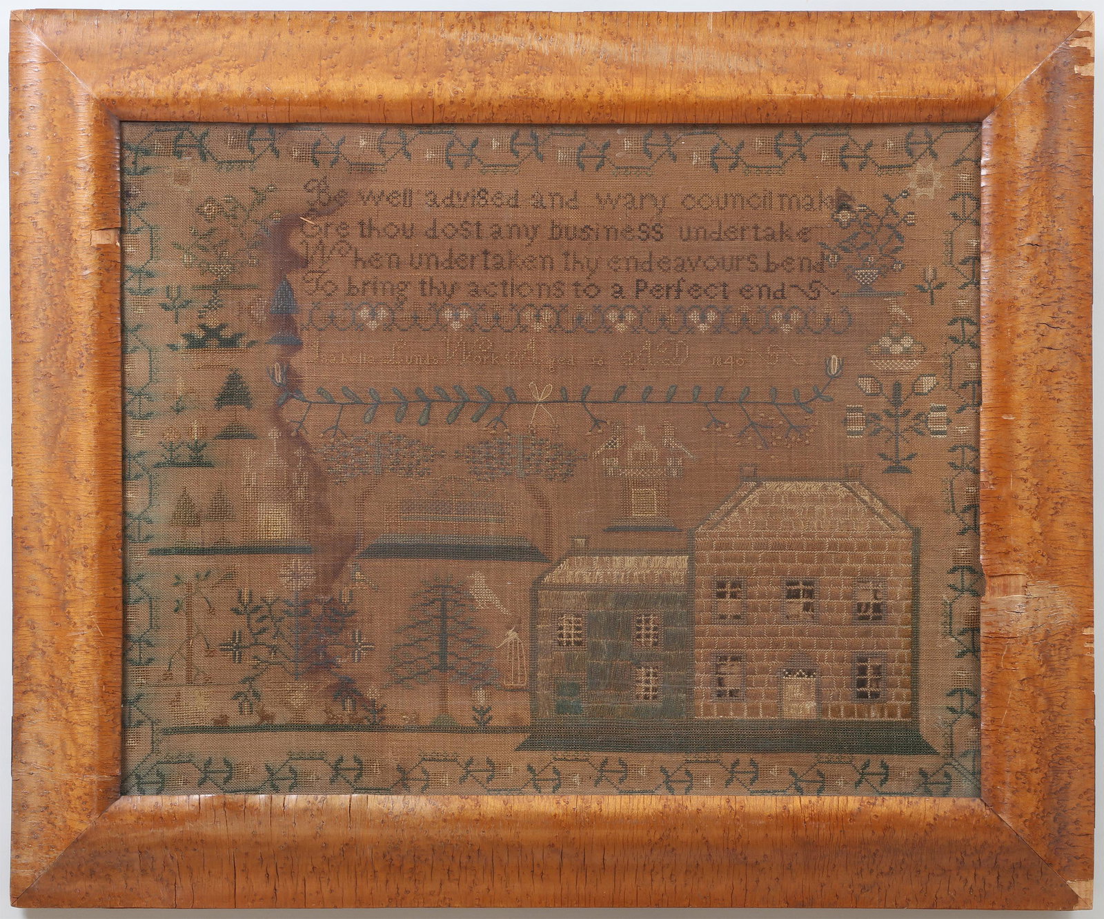 19C American pictorial sampler: American pictorial needlework sampler, made by Isabella Lund, age 16, 1840, depicting a brick house and figure of a woman, with floral motifs, foliate border, and verse reading: ''Be well advised and