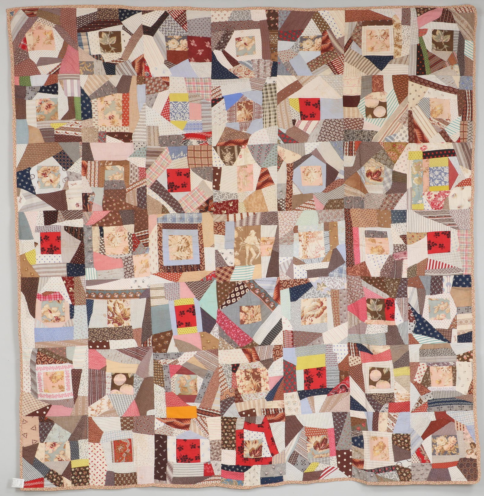 Organized Crazy Vortex quilt: Organized Crazy Vortex quilt, pieced, cotton. Some staining to top. 84''h, 81''w. Provenance: The Estate of Laura Fisher, New York, NY.