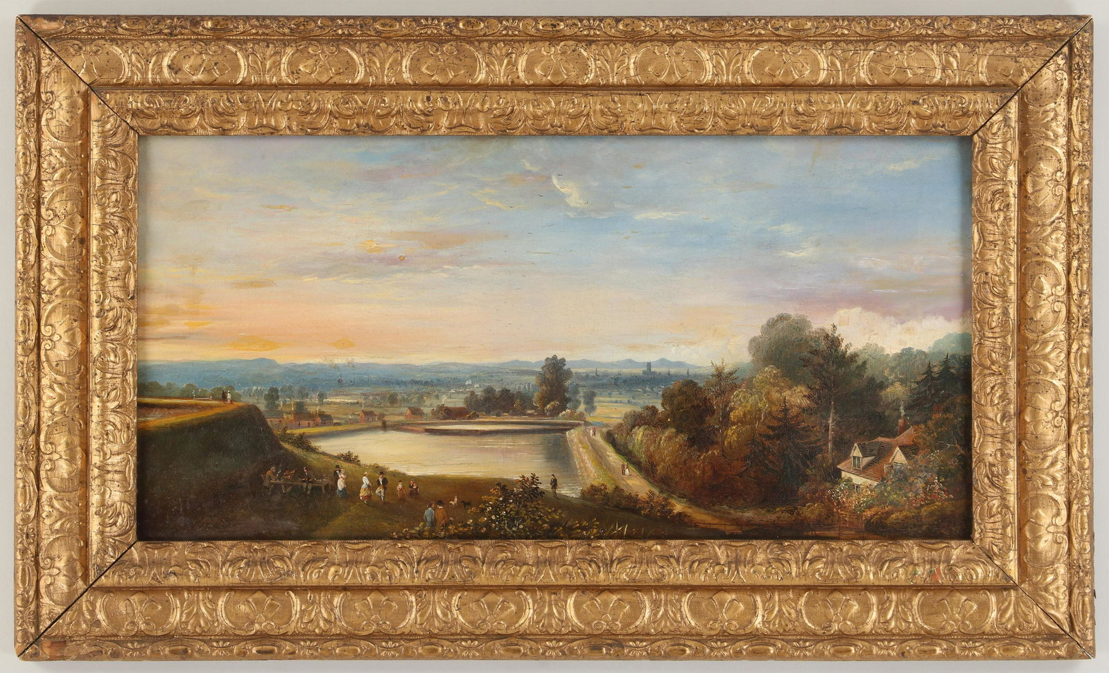 British School (19th century): British School (19th century), figures in a landscape with a reservoir, oil on canvas, appears unsigned, canvas stamped ''Reeves & Sons, Manufacturers, Cheapside, London''. Craquelure, lacuna, stretch