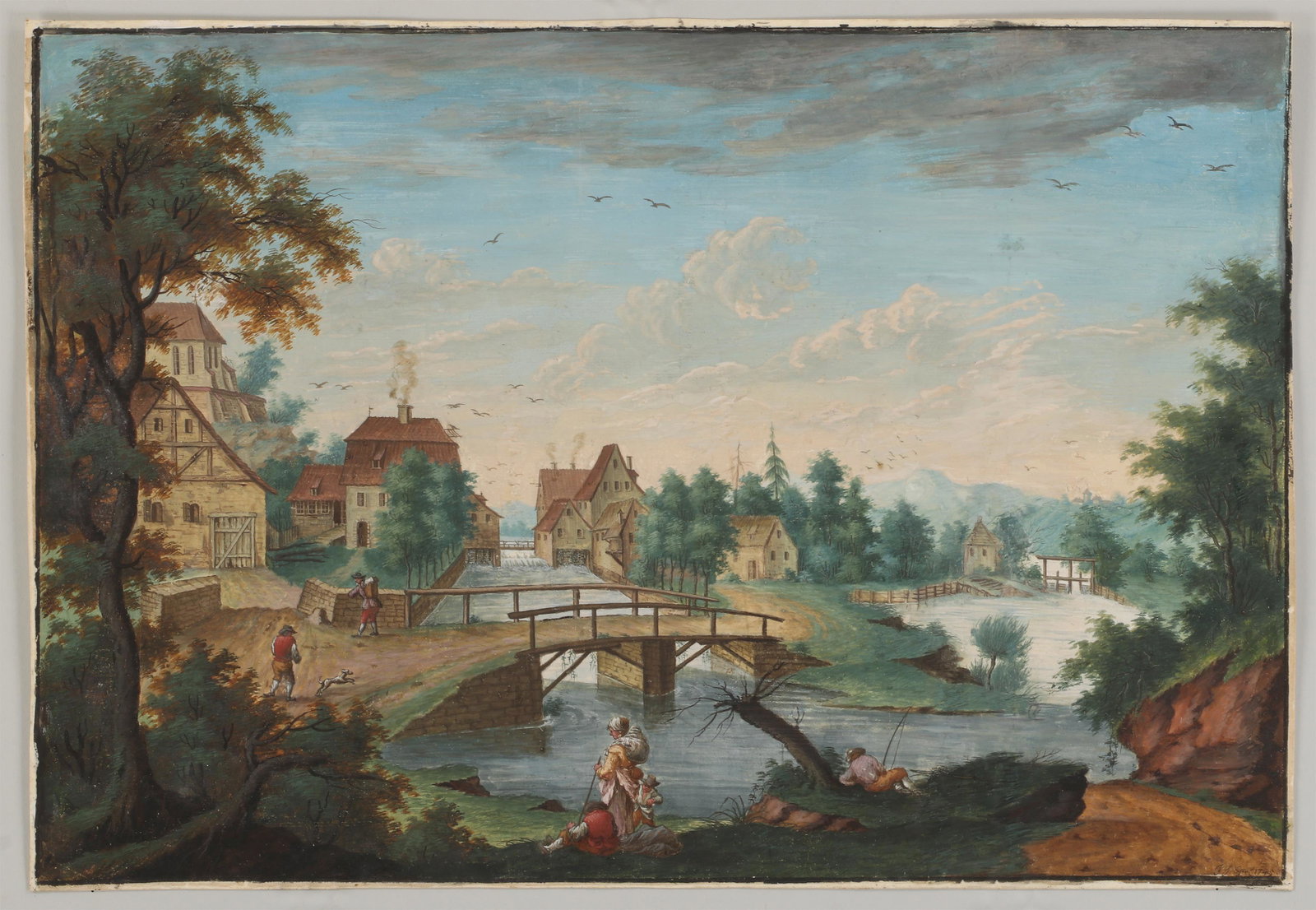 Continental School (18th century): Continental School (18th century), travelers in a river landscape, gouache on paper, signed illegibly and dated ''1745'' lower right, framed under glass. Laid down to paperboard, repaired vertical tea