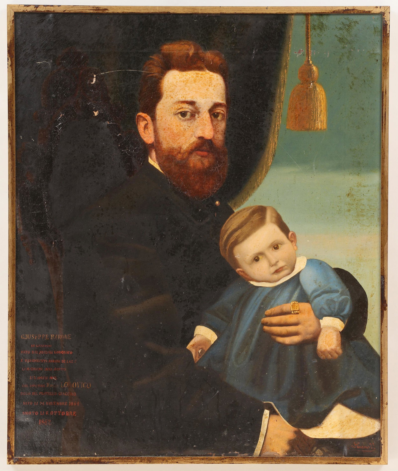 Continental School (19th century): Continental School (19th century), ''Giuseppe Barone de Lazzarini...'' (memorial portrait of father and son), oil on canvas, signed ''Lucas V.'' lower right, inscription lower left. Abrasions, craquel