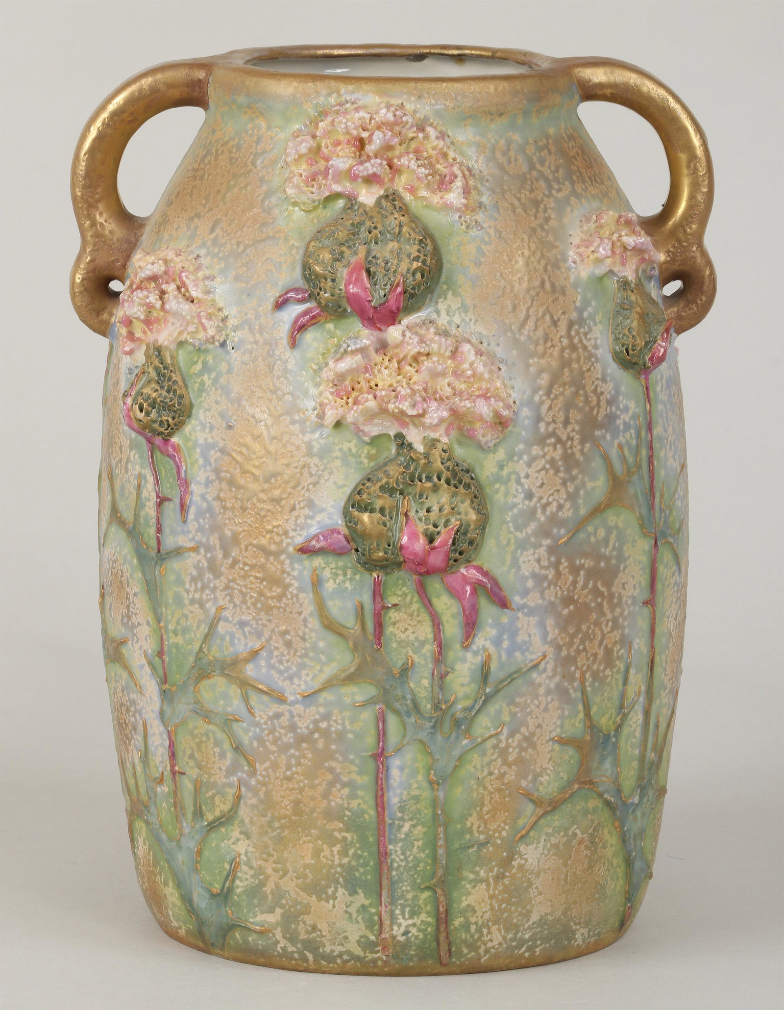 Amphora two-handled thistle vase: Amphora two-handled thistle vase, faintly impressed Amphora and crown mark to bottom, along with numbers, late 19th/early 20th century. 10-3/4''h. Provenance: Purchased by current owner from John Coba