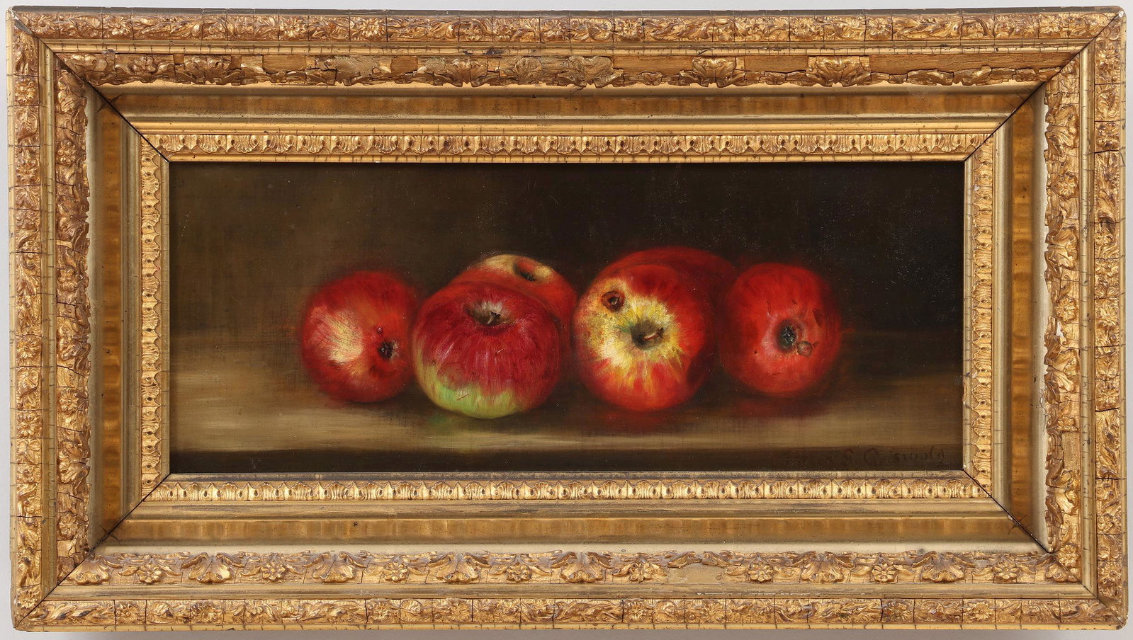 American School (19th century): American School (19th century), still life with blemished apples, oil on canvas, signed ''Helen S. Griswold'' lower right. Small area of impact crackle, aging cracks, scattered touch-ups. Canvas 7-1/4