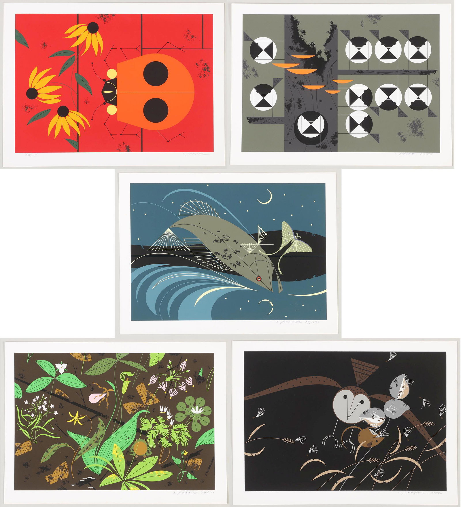 CHARLES HARPER (American, 1922-2007): CHARLES HARPER (American, 1922-2007), group of (5) ''Ford Times'' screenprints, to include: ''Praying Mantis (with Yellow Bug)''; ''Wood Thrush''; ''Black-Billed Magpie''; ''Whip-Poor-Will''; and ''Ca