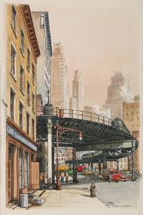 WOLDEMAR NEUFELD (Russian-American, 1909-2002): WOLDEMAR NEUFELD (Russian-American, 1909-2002), ''God's Lighthouse Mission, 19 Coenties Slip'' (Under the Elevated), New York City, watercolor on paper, signed lower right, titled and inscribed in pen