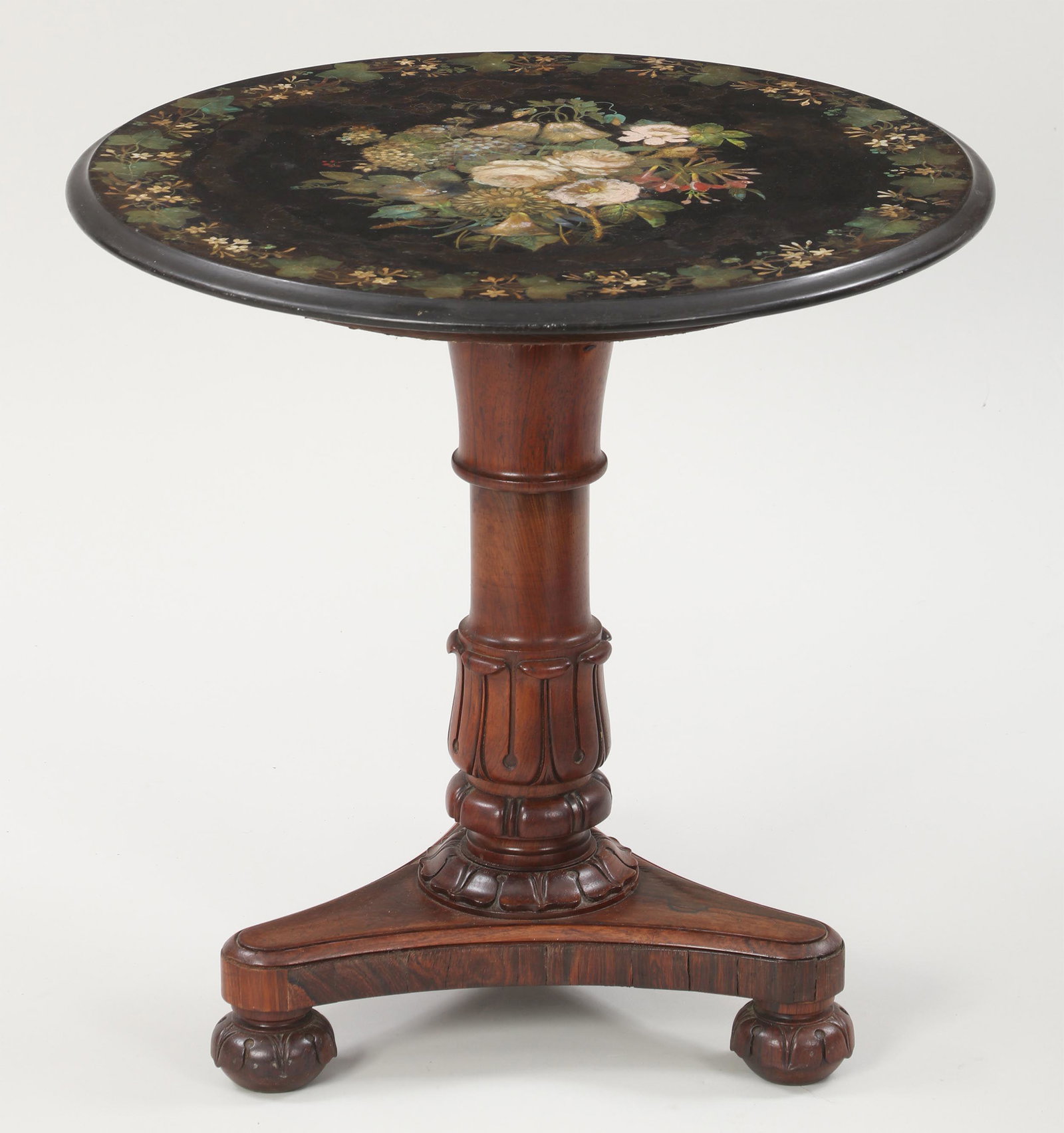 Still life decorated slate top side table: Still life decorated slate top side table set on rosewood veneered base with revolving top. Wear to paint, loss and replaced veneer. 20''h, 19-3/4''dia.