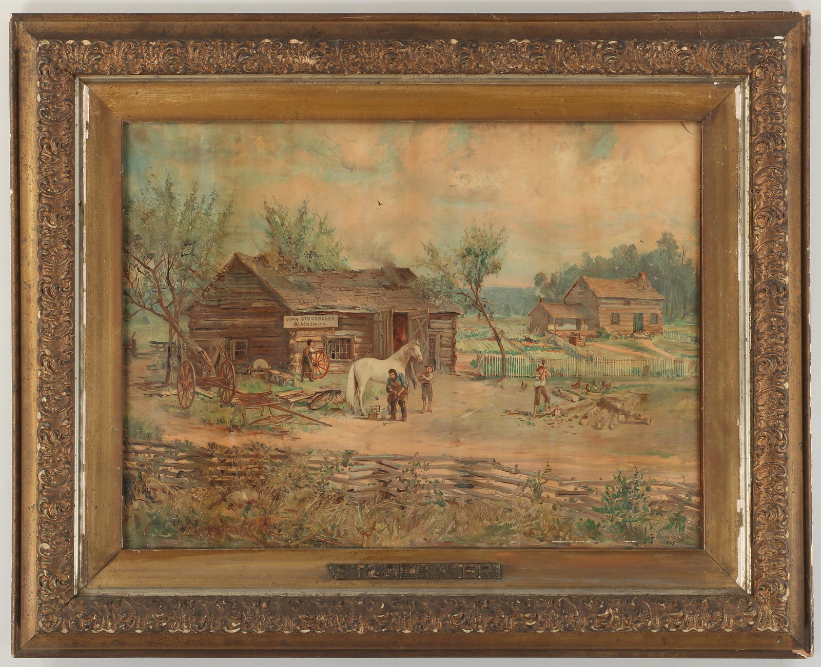 Studebaker Blacksmith framed advertising poster: Studebaker Blacksmith framed advertising poster, chromolithograph after an 1895 image by L. CLARENCE BALL (American, 1858-1915), signed and dated in image at lower right. Not examined out of frame. Mi