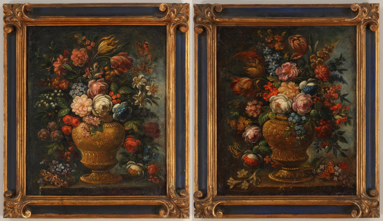Pair of Continental School (19th century): Pair of Continental School (19th century) floral still lifes, oil on canvas, unsigned. Craquelure, cupping, one lined, the other with patched repair. Canvases 15-1/4''h, 12-1/2''w.