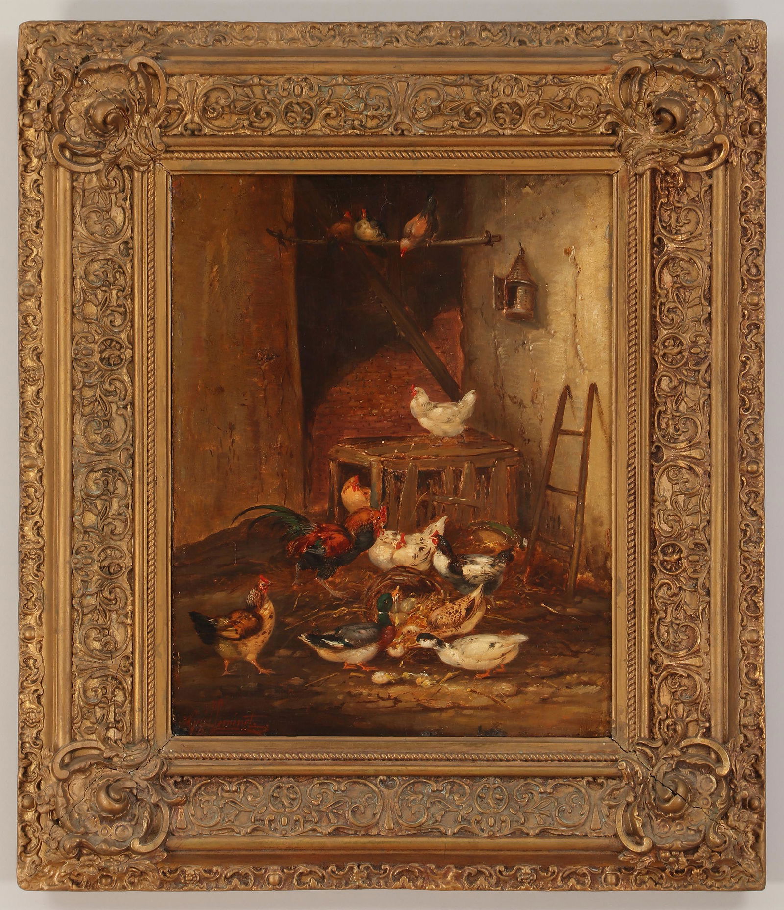 CLAUDE GUILLEMINET (French, 1821-1860): CLAUDE GUILLEMINET (French, 1821-1860), barnyard scene with chickens, oil on panel, signed ''Guilleminet'' lower left. Some expansion cracks to panel, minor drying crackle. Panel 16''h, 30''w.