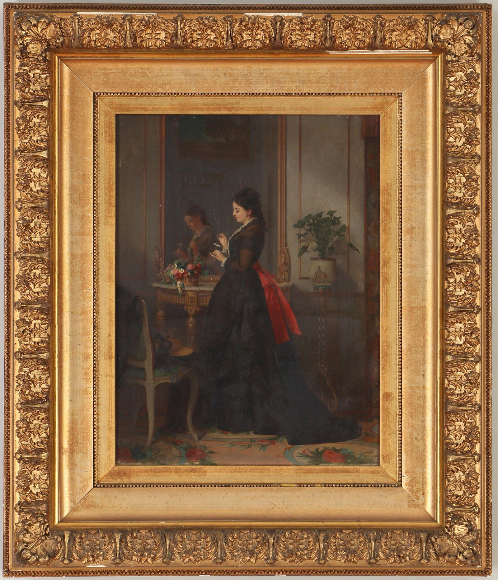 EUGENE ACCARD (French, 1824-1888): EUGENE ACCARD (French, 1824-1888), young woman at mirror, oil on panel, signed ''E. Accard'' lower left. Some craquelure and surface abrasions. Panel 15-3/4''h, 11-3/4''w.