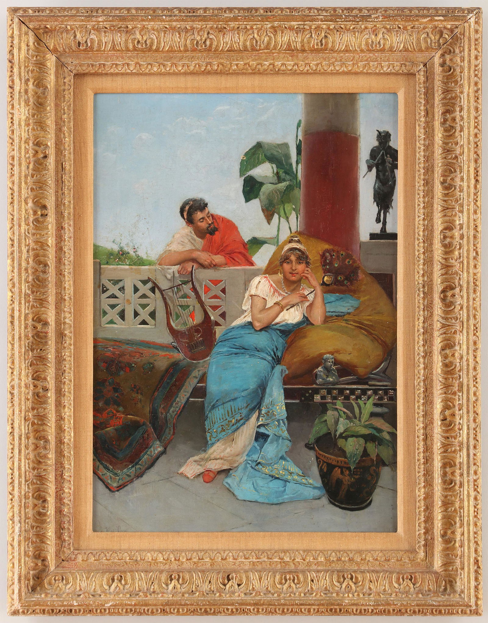BLAS OLLEROS Y QUINTANA (Spanish, 1851-1919): BLAS OLLEROS Y QUINTANA (Spanish, 1851-1919), couple at leisure, oil on canvas, signed lower left. Canvas cut and laid down to masonite. Craquelure, some light surface abrasions. Board 19-1/4''h, 13-1