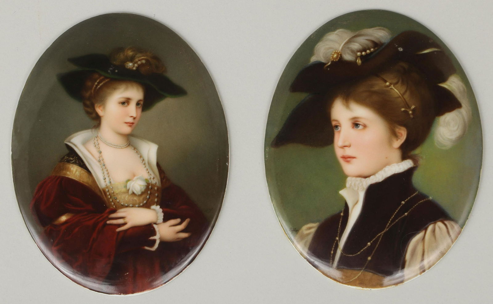 Set of (2) Berlin KPM porcelain portrait plaques: Set of (2) Berlin KPM porcelain portrait plaques depicting young women, in giltwood frames, with impressed KPM scepter marks, to include: bust portrait of woman looking left, signed ''Loffler'' at low