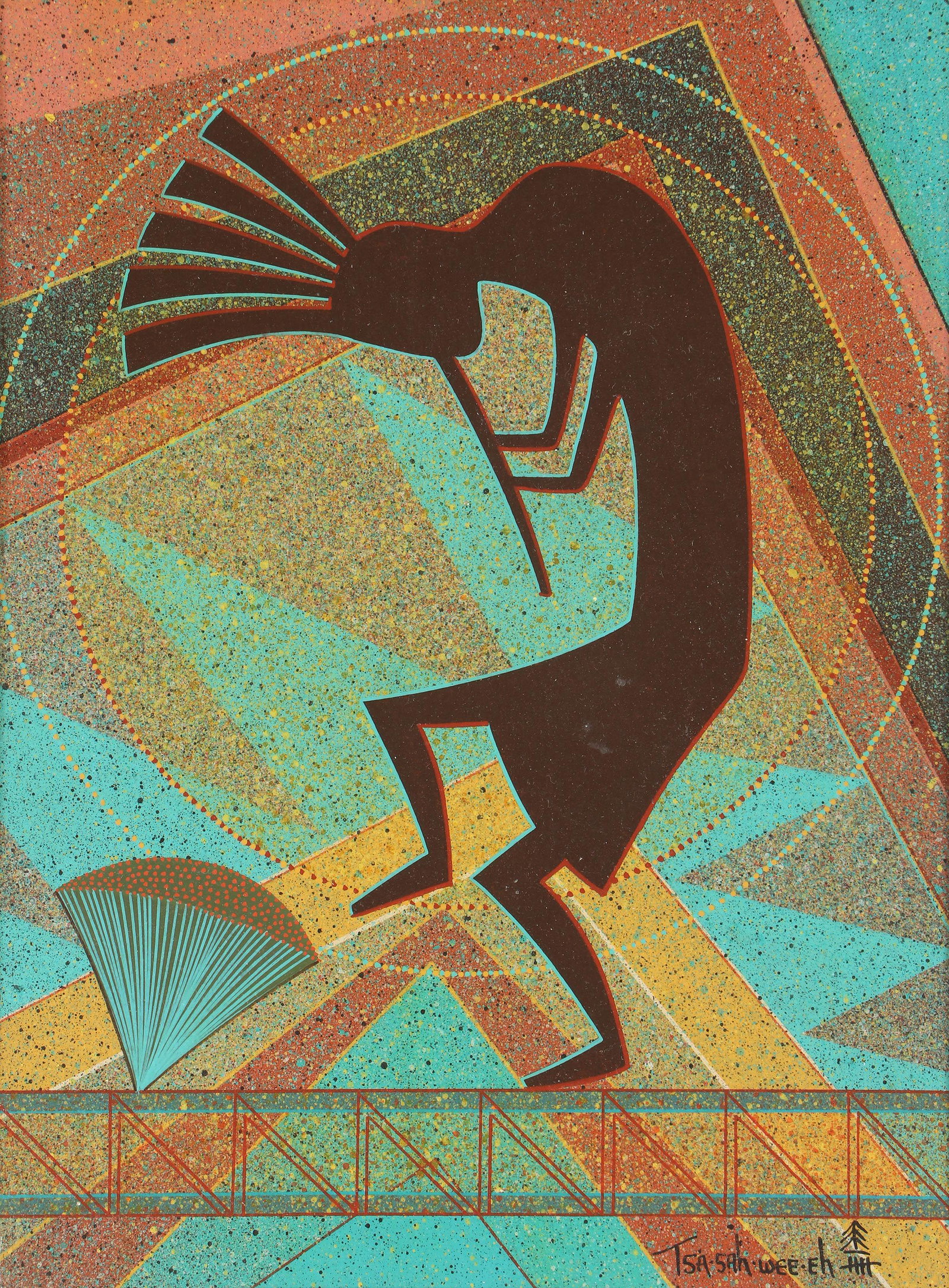 HELEN (LITTLE STANDING SPRUCE) HARDIN: HELEN (LITTLE STANDING SPRUCE) HARDIN (Santa Clara Pueblo, 1943-1984), Kokopelli figure, acrylic on board, signed ''Tsa-Sah-Wee-Eh'' lower right. Board 8''h, 5-7/8''w.