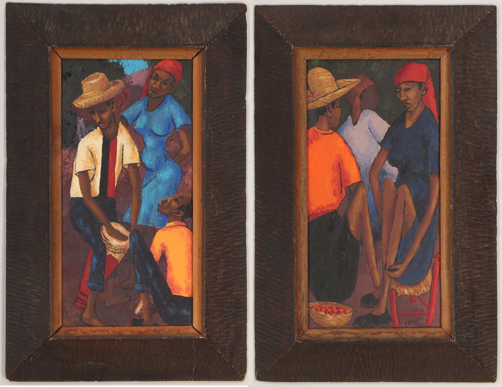 SAVAIN PETION (Haitian, 1906-1975): SAVAIN PETION (Haitian, 1906-1975), pair of genre scenes, oil on masonite board, signed ''Savain'' and inscribed ''Haiti'', to include: drummers and dancer; and market scene. In chip-carved frames. Bo