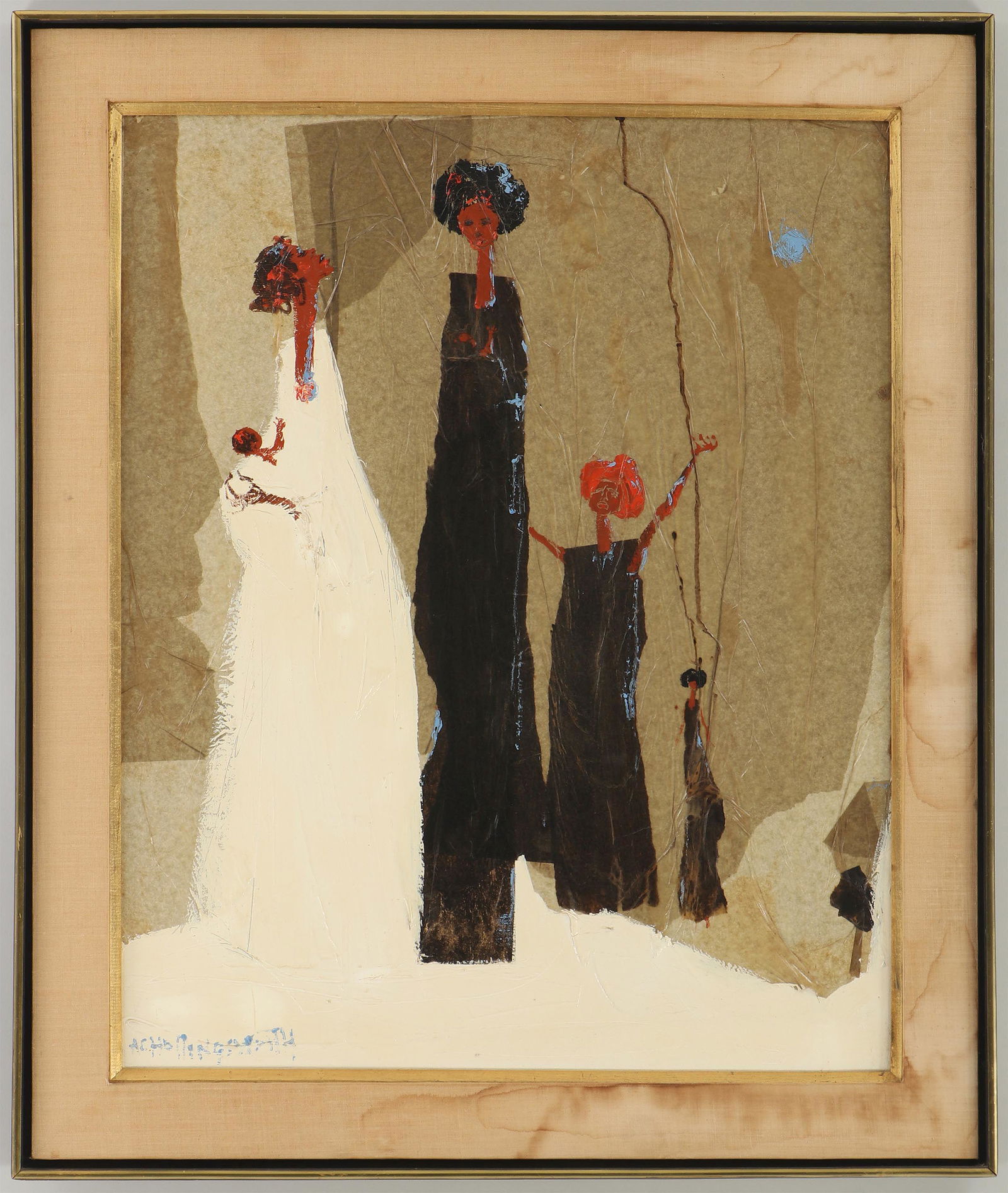 ALVIN CARL HOLLINGSWORTH (American, 1928-2000): ALVIN CARL HOLLINGSWORTH (American, 1928-2000), ''The Message'', acrylic, oil and collage on canvas, signed lower left, titled on label adhered to strainer verso. Small abrasions and areas of lifting