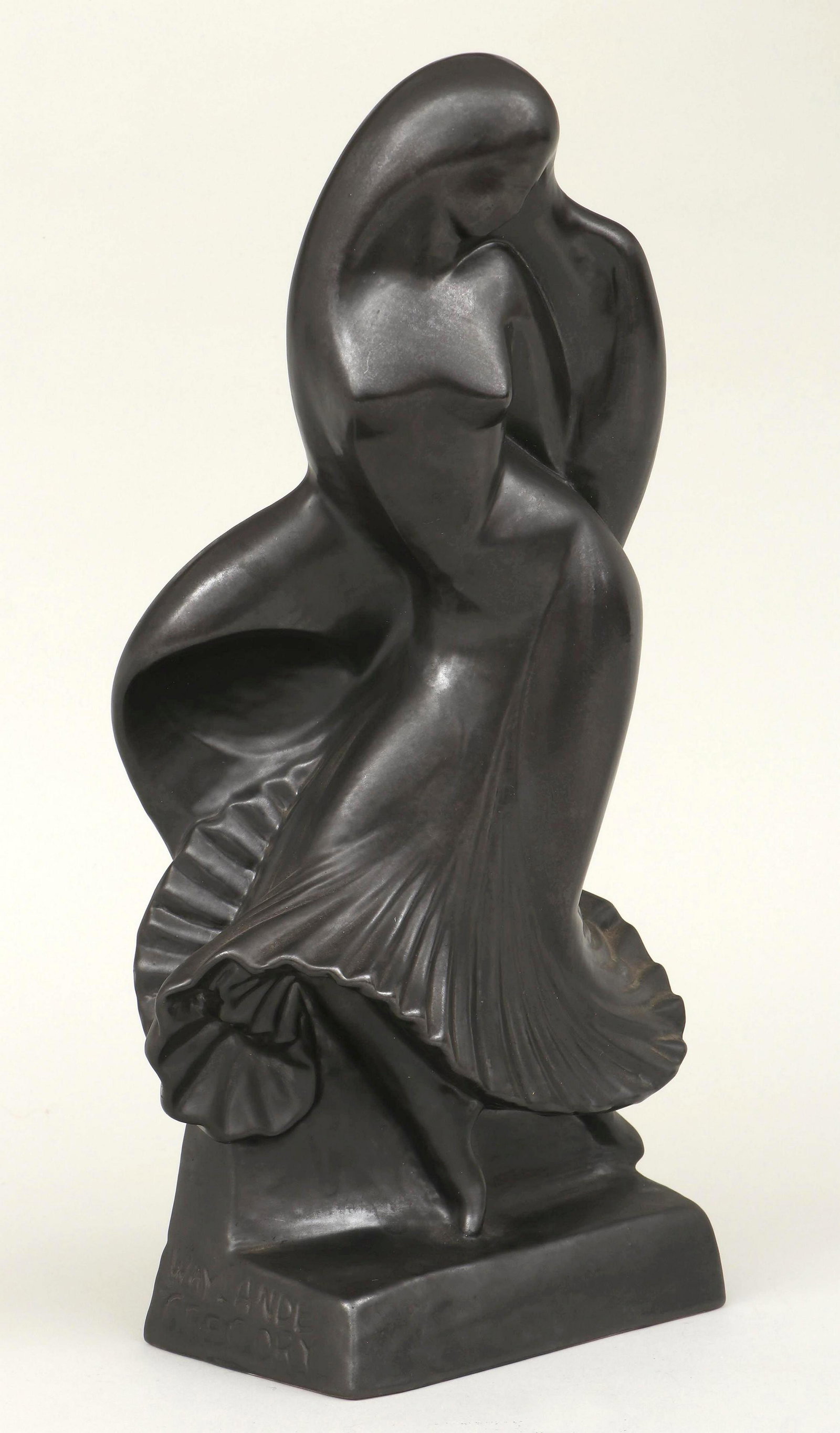 WAYLANDE GREGORY (American, 1905-1971): WAYLANDE GREGORY (American, 1905-1971) for Cowan Pottery, ''Nautch Dancer'', Art Deco ceramic sculpture of Ziegfield Follies dancer Gilda Gray, signed to left side of base, with Cowan Pottery marks to