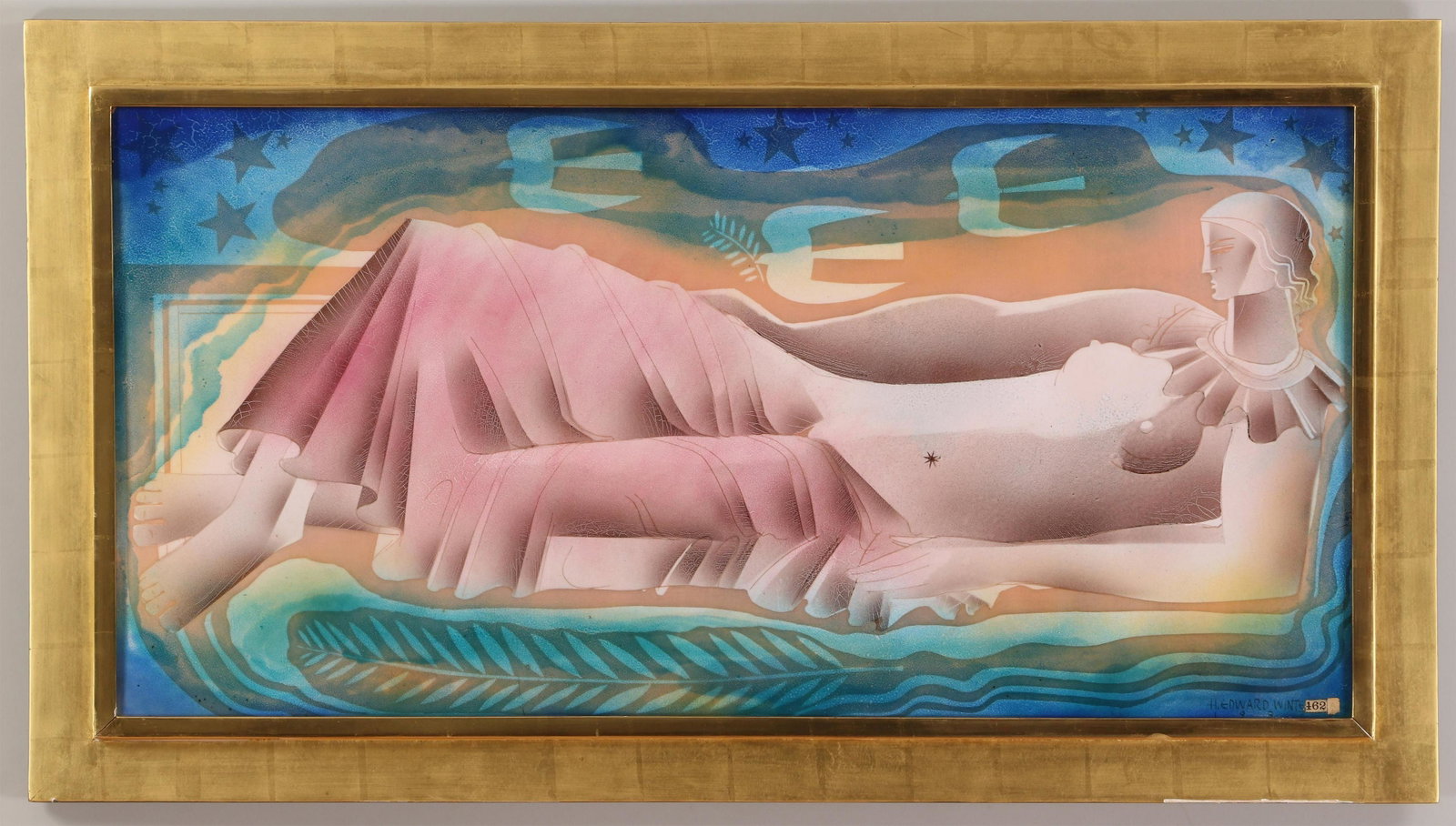 EDWARD WINTER (American, 1908-1976): EDWARD WINTER (American, 1908-1976), reclining female nude, 1937, large, enameled metal panel, signed ''H. Edward Winter'' and dated lower right. Small chip upper left corner, hairline lower middle le