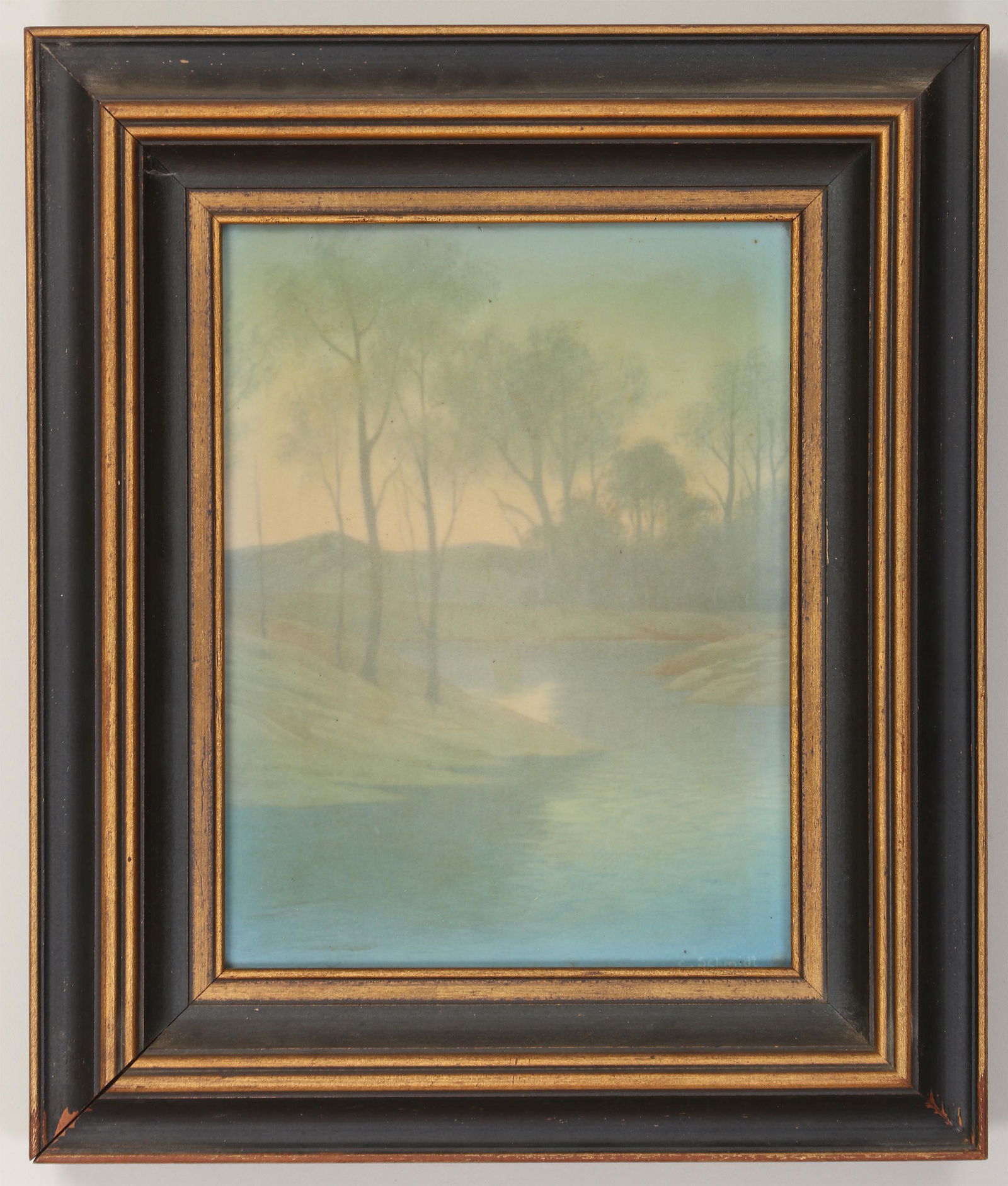 CARL SCHMIDT (German-American, 1875-1959): CARL SCHMIDT (German-American, 1875-1959) for Rookwood pottery, vellum glazed earthenware plaque with landscape, 1923, signed ''C. Schmidt'' lower right, impressed Rookwood flame mark with date number