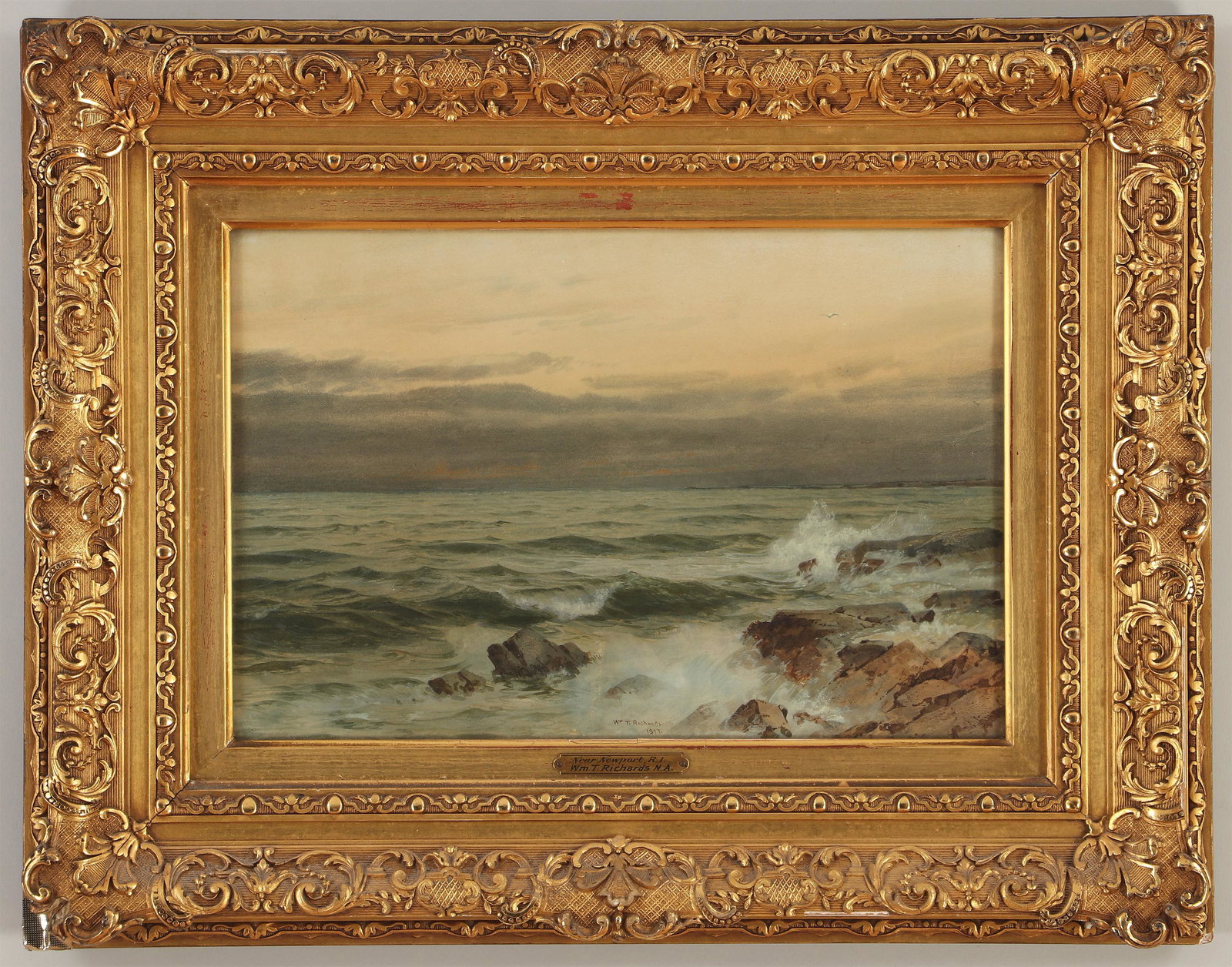 WILLIAM TROST RICHARDS (American, 1833-1905): WILLIAM TROST RICHARDS (American, 1833-1905), ''Near Newport, RI'', 1877, watercolor and gouache on wove paper, signed ''Wm. T. Richards'' and dated lower center. Toning. Paper 9-1/2''h, 14-1/2''w.