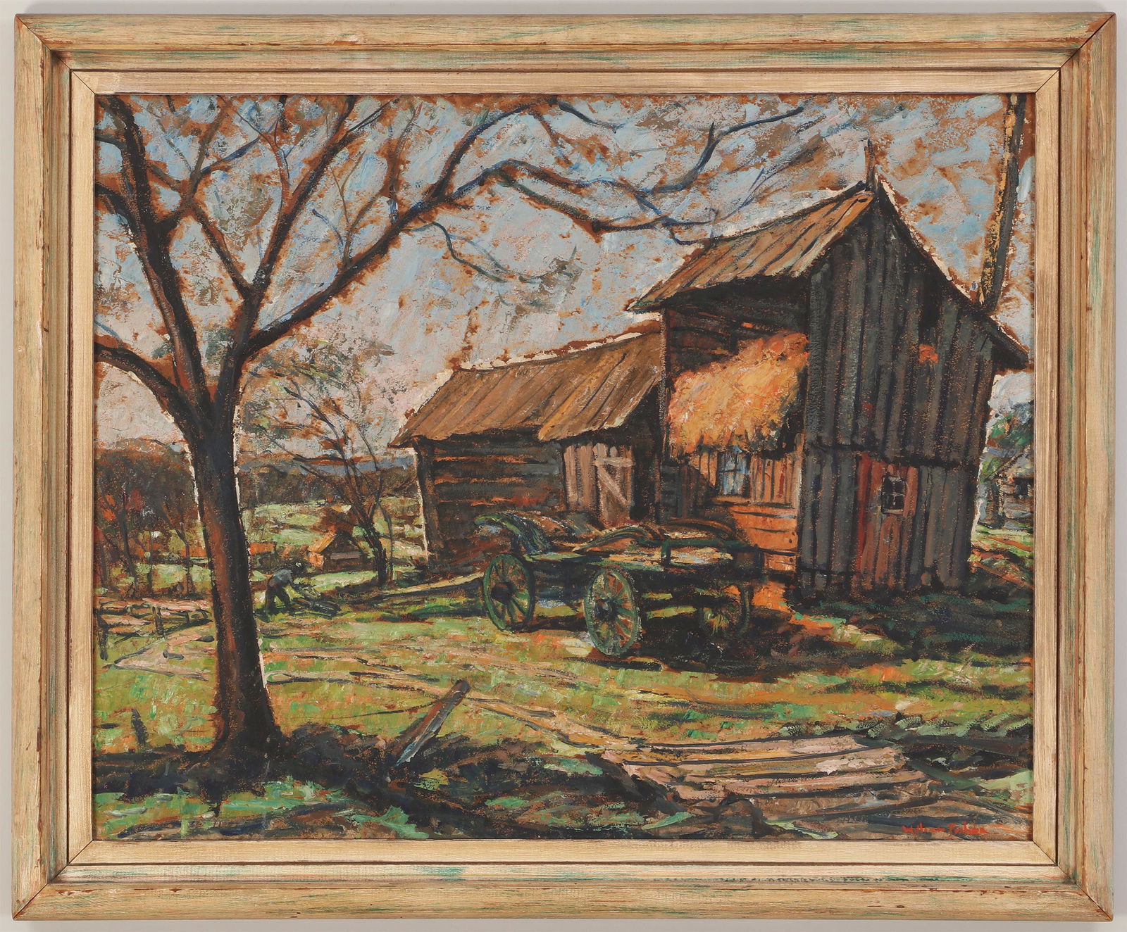 WILLIAM FISHER (American, 1891-1985): WILLIAM FISHER (American, 1891-1985), autumn hay harvest, oil on board, signed lower right. Minor flaking. Canvas 24''h, 30''w.