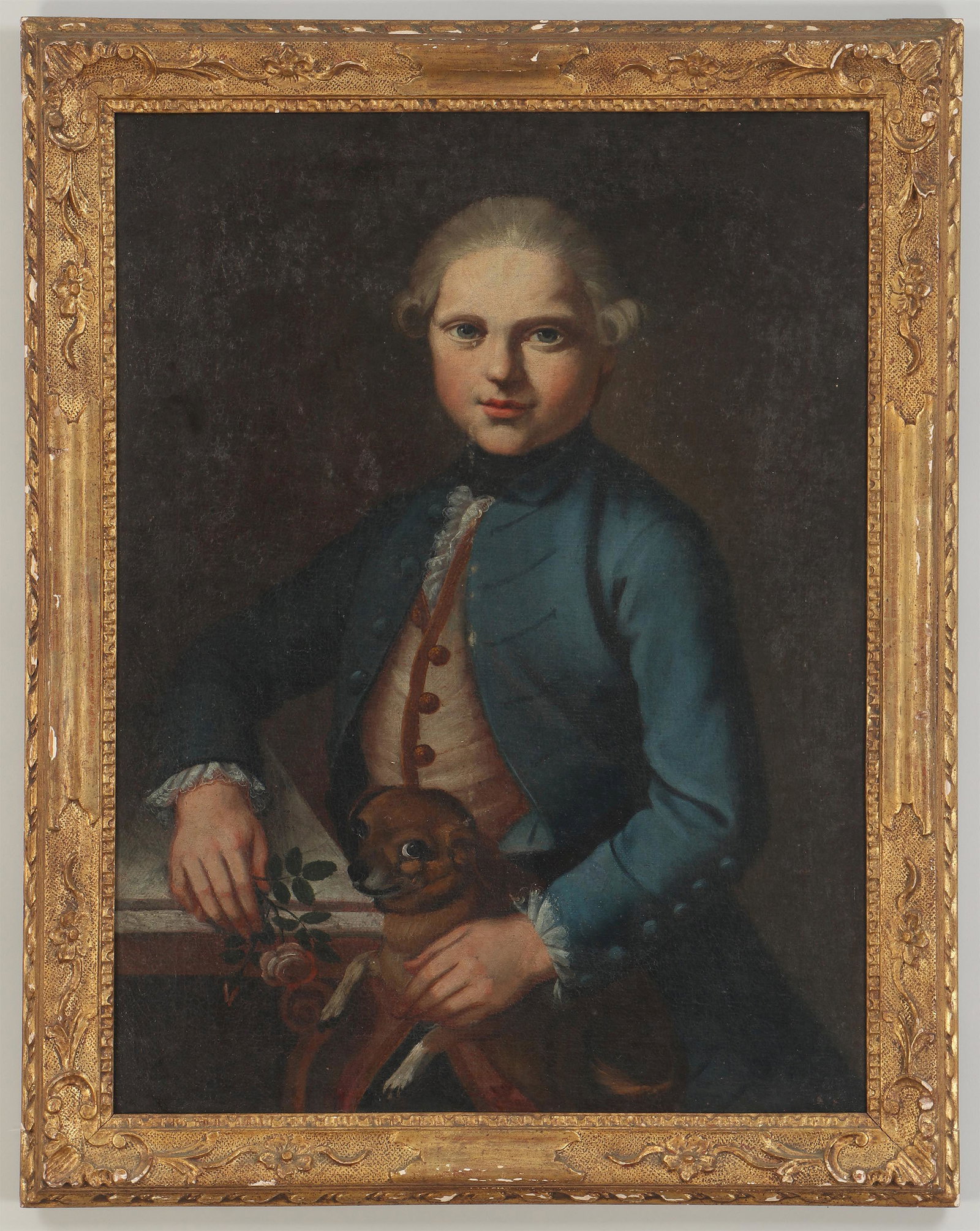 (18th century), portrait of boy with dog: British or European School (18th century), portrait of boy with dog, oil on canvas, unsigned. Lined, craquelure, dirt and grime, possible repairs, touch-ups under masking varnish. Canvas 26''h, 19-3/4