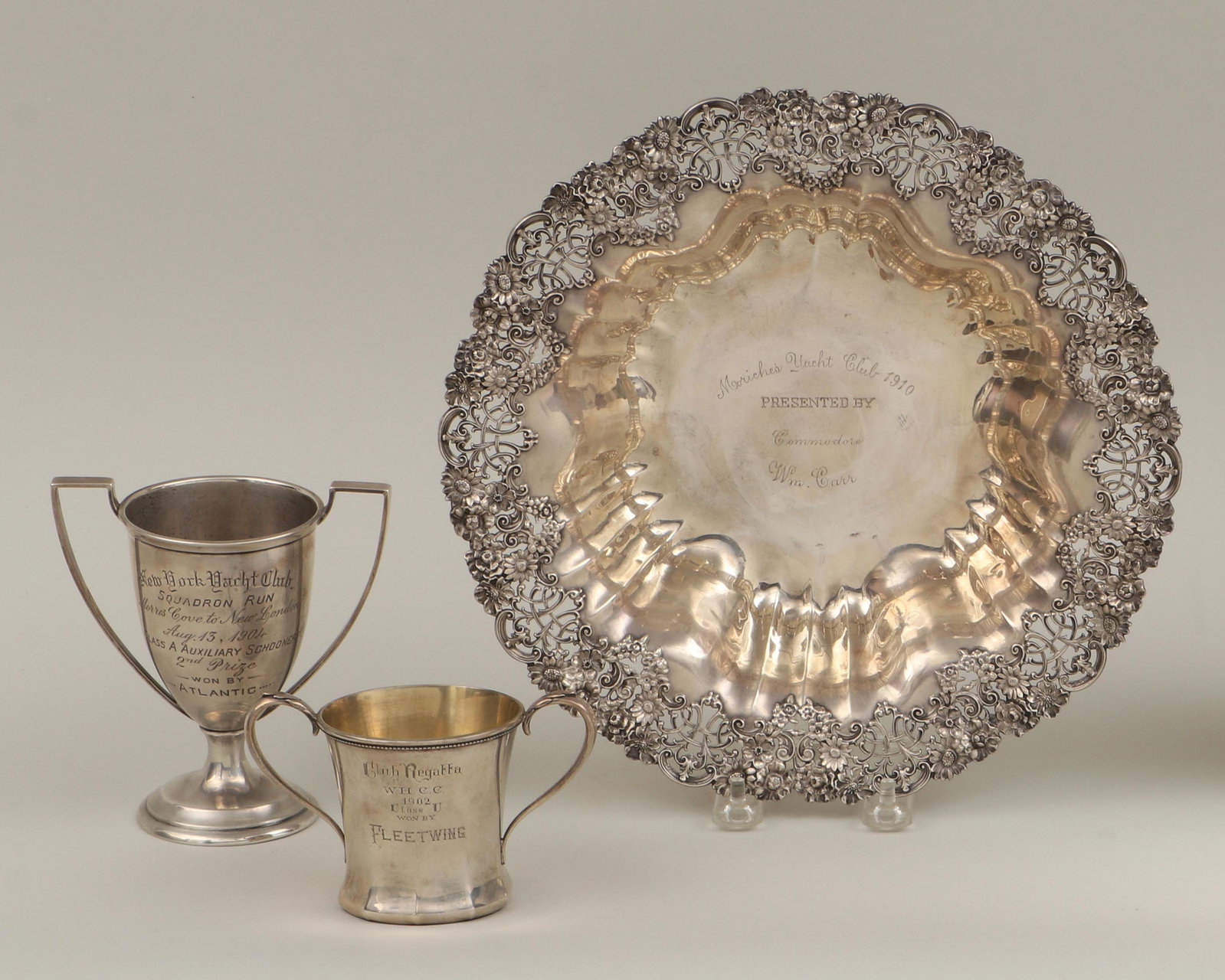 American sterling sailing trophies: Group of (3) American sterling silver sailing trophies, to include: Dominick & Haff trophy cup, inscribed ''New York Yacht Club, Squadron Run, Morris Cove to New London, Aug. 13, 1904, Class A Auxilia