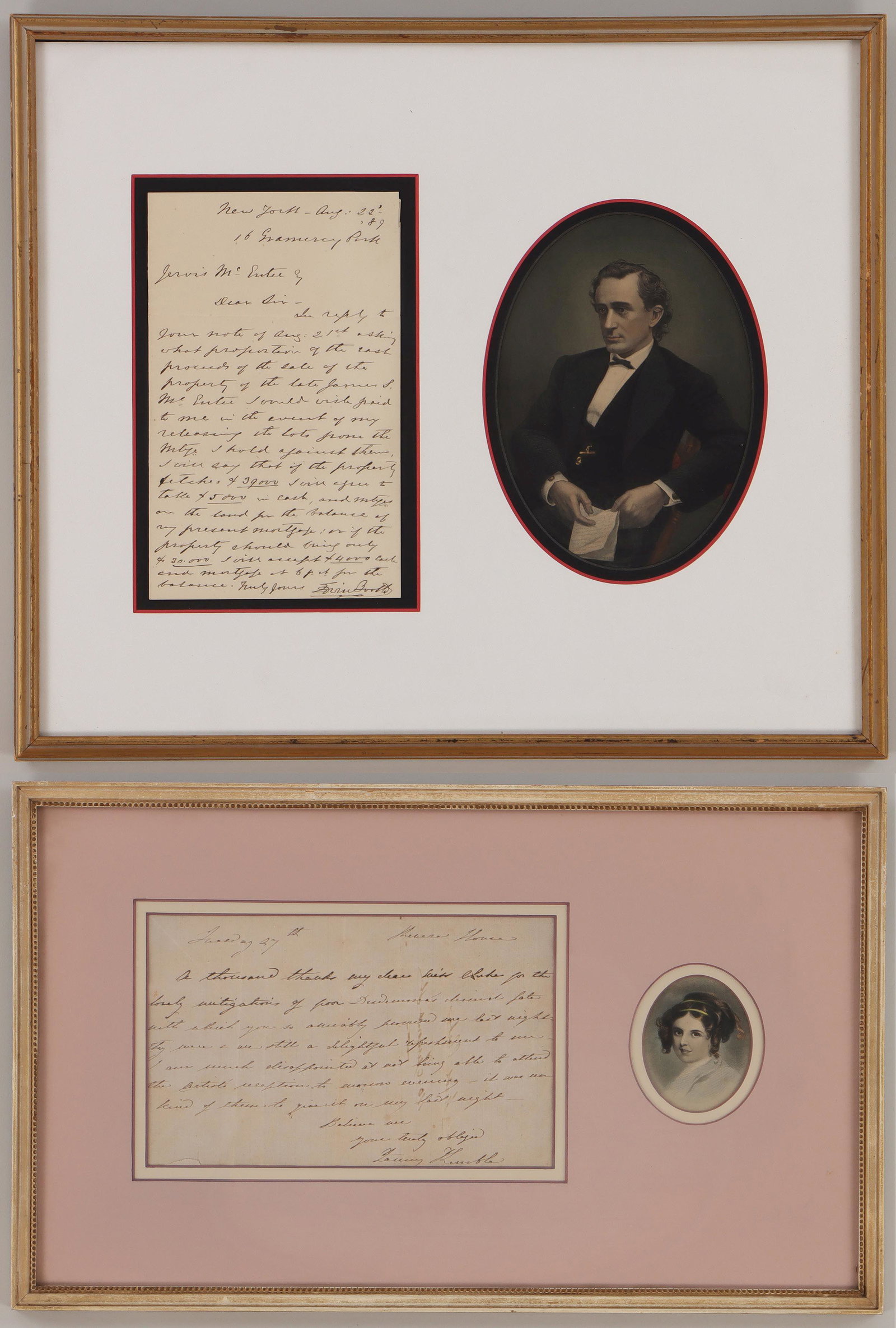 Autograph Letters Signed: EDWIN BOOTH and FANNY KEMBLE: Group of (2) Autograph Letters Signed, by 19th century theatrical stars, matted and framed under glass along with hand-colored engraved portraits, to include: EDWIN BOOTH (American, 1833-1893) to Huds