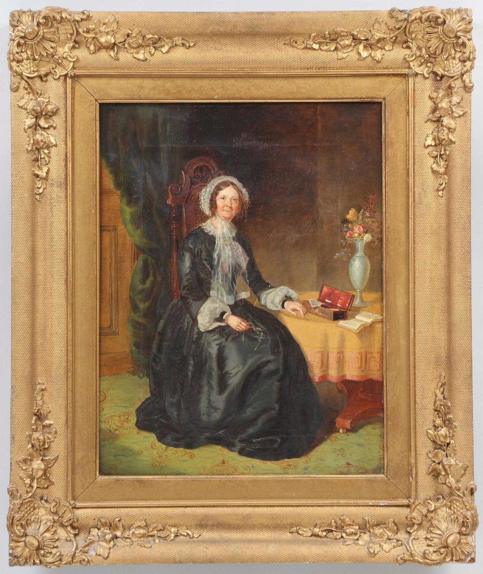 British School (19th century): British School (19th century), seated lady in an interior, oil on canvas, unsigned. Craquelure, retacked, frame rub, stretcher marks. Canvas 17''h, 13''w.