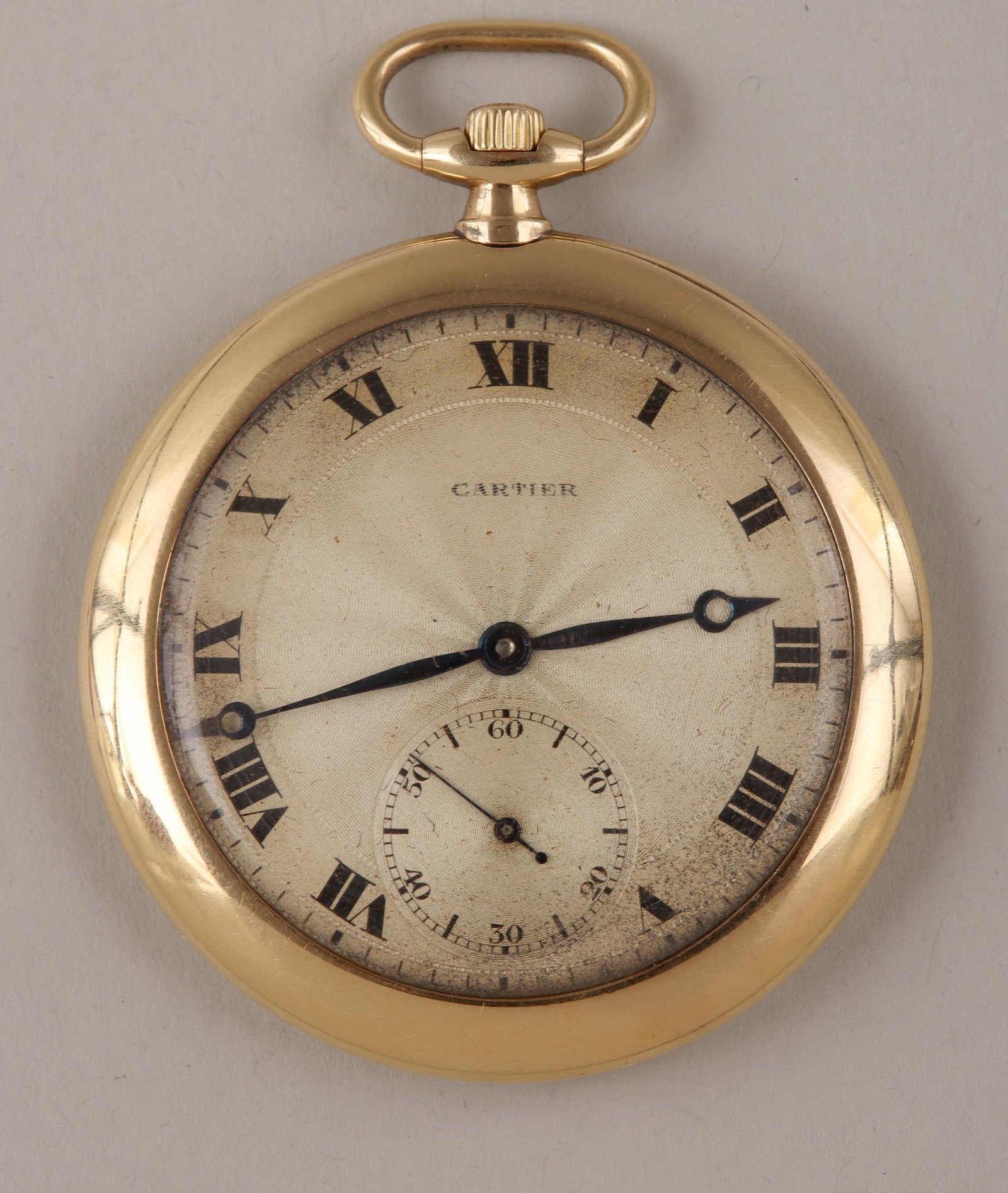 Cartier and European Watch Co. 18k: Cartier and European Watch Co. 18k gold open-face pocket watch, 18 jewels, 8 adjustments, monogrammed on back, stamped with maker's mark, hallmark and numbers ''19678'' and ''0534'' inside back. Hallm
