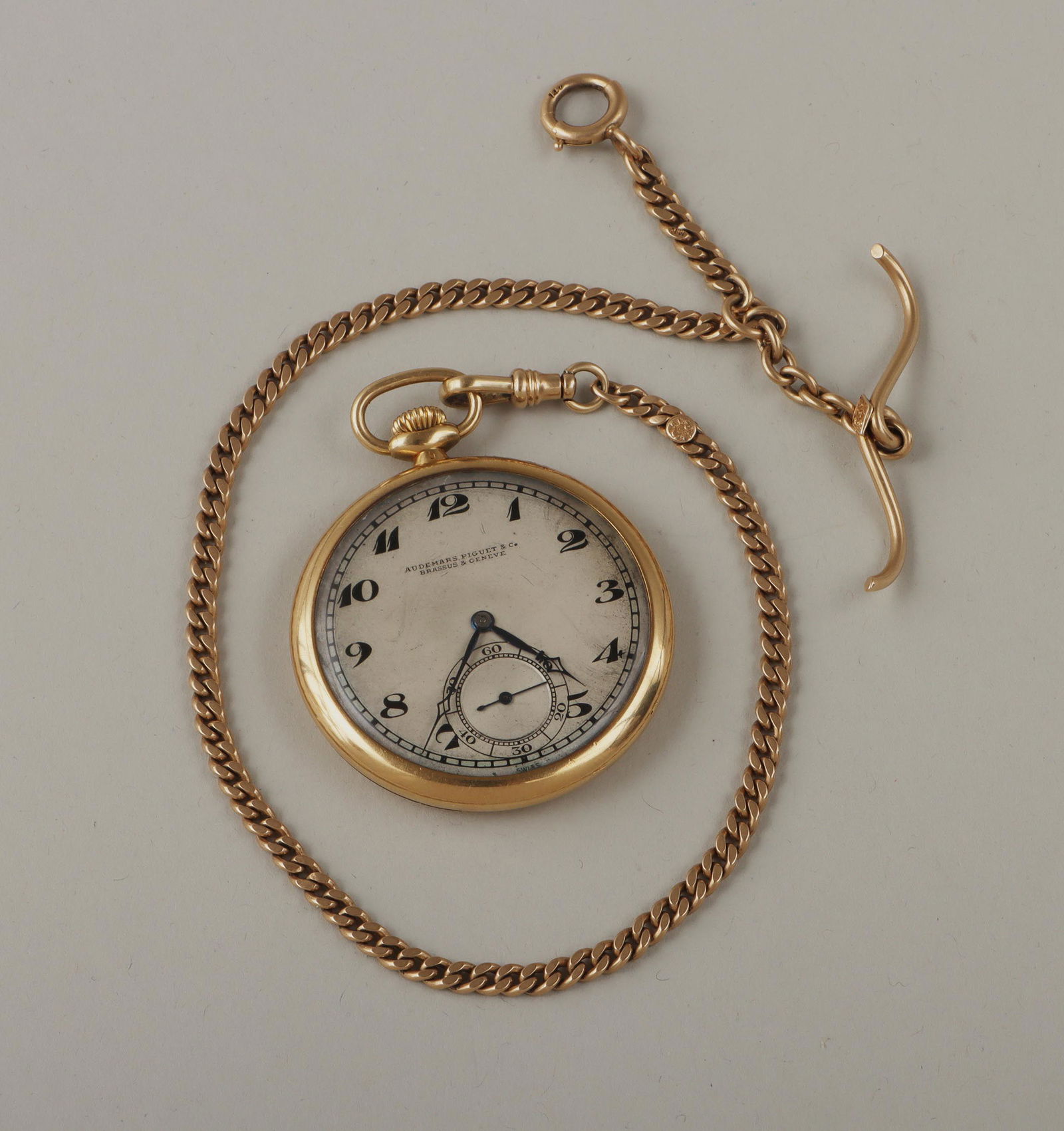 Audemars, Piguet & Co. 18k: Audemars, Piguet & Co. 18k gold open-face pocket watch, 20 jewels, 8 adjustments, serial no. 31595, marked and numbered on movement, case marked, numbered and stamped with Swiss gold hallmark and poic