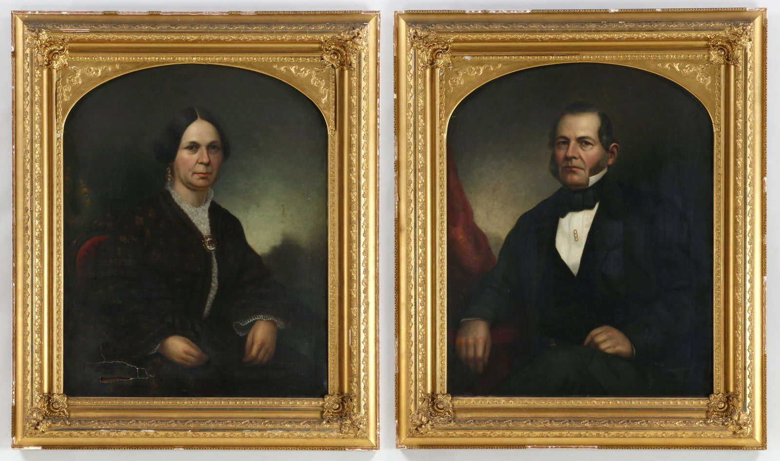 Pair of 19C American School portraits: Pair of 19th century American School portraits: Annabella Dodge Aubery and Harvey Frederick Aubery of Brooklyn, New York, oil on canvas, unsigned. Craquelure, inpaint, tear to portrait of Annabella. C