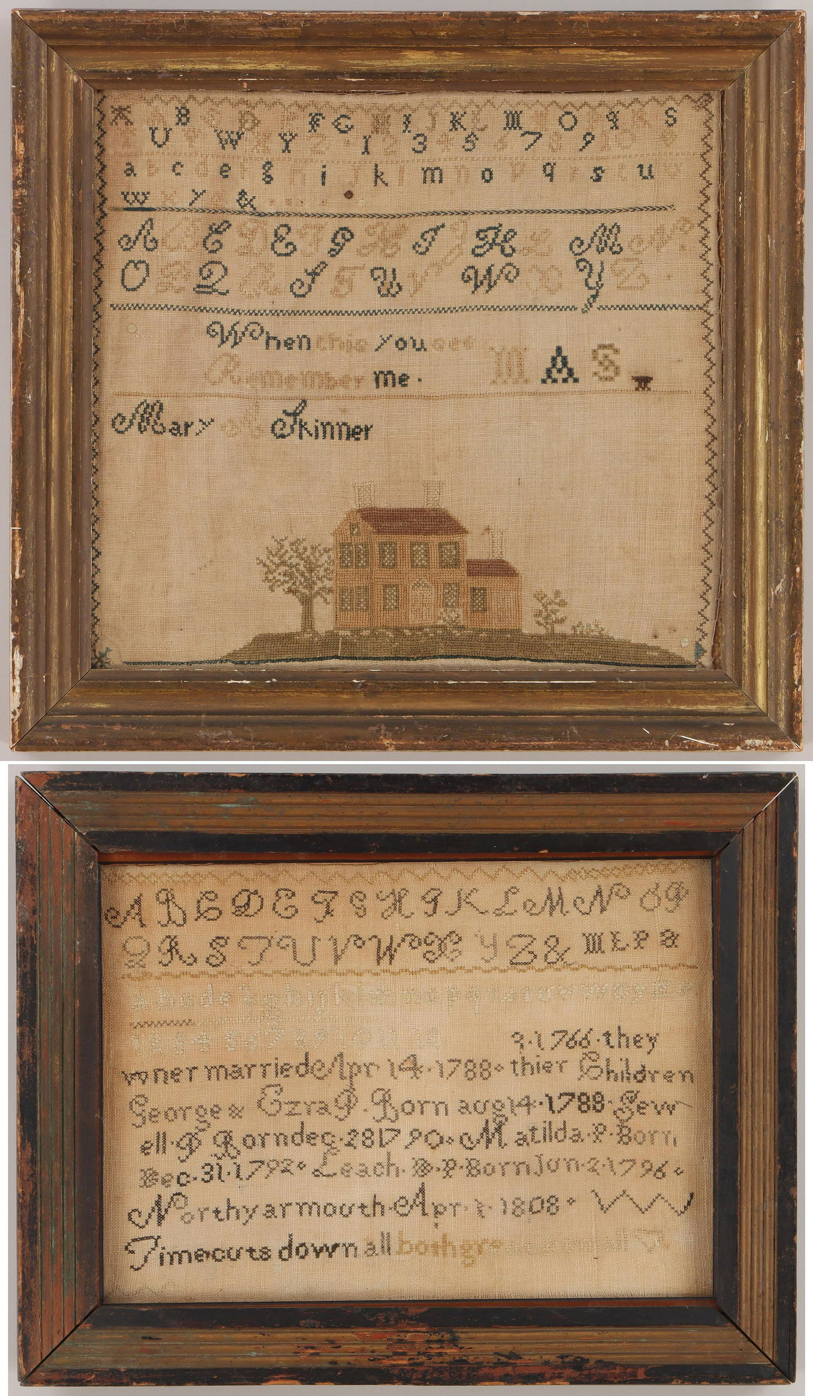 American needlework samplers: Group of (2) American needlework samplers, to include: pictorial sampler with alphabet and verse, ''When this you see, Remember me'', made by Mary A. Skinner, (toning, minor stains); and Maine family 