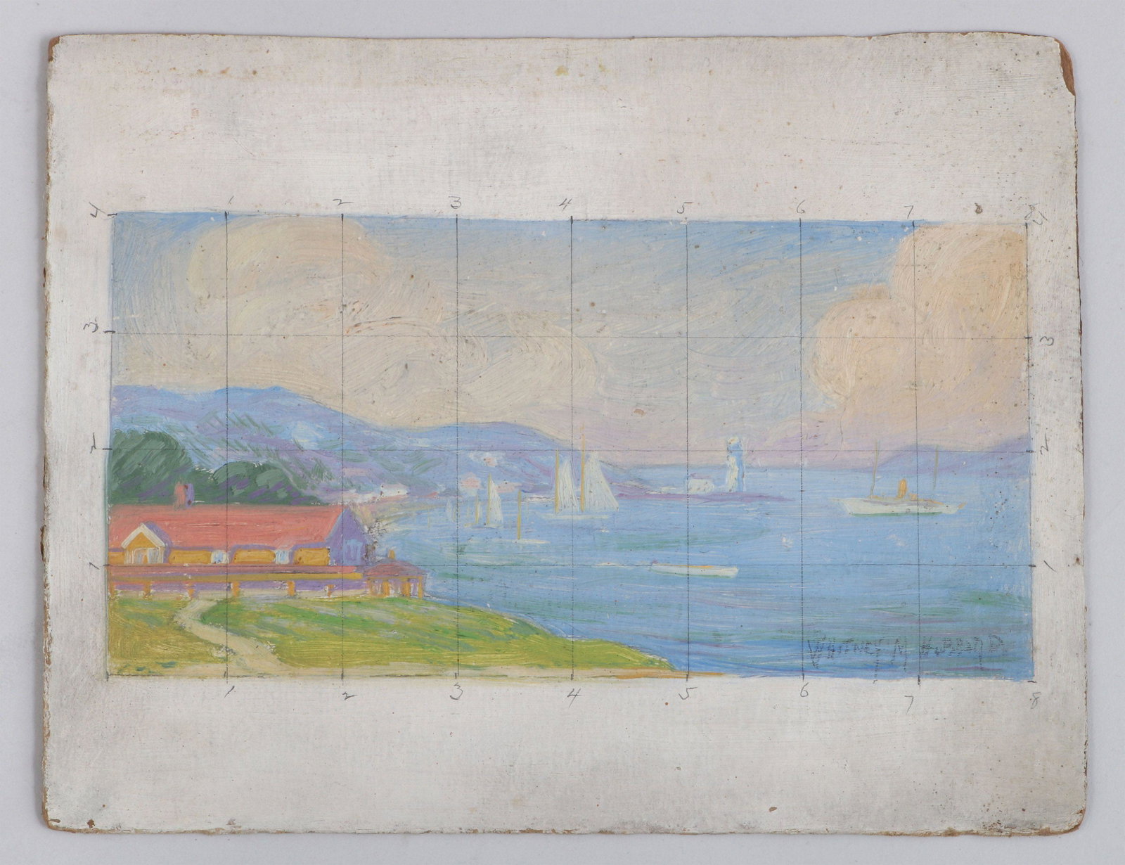 WHITNEY MYRON HUBBARD: WHITNEY MYRON HUBBARD (American, Long Island, 1875-1965), coastal landscape with sailboats, (having numbered grid overlay in pencil), oil on board, pencil signed lower right. Minor loss to top right c