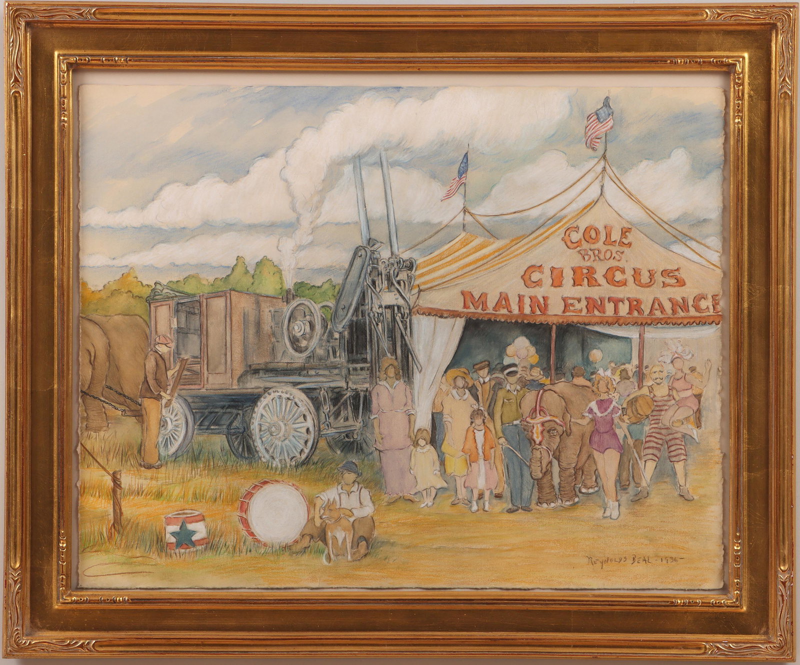 REYNOLDS BEAL: REYNOLDS BEAL (American, 1867-1951), ''Cole Bros. Circus: Main Entrance'', 1936, crayon, chalk and watercolor on paper, signed and dated lower right. Framed under acrylic. Not examined out of frame. S