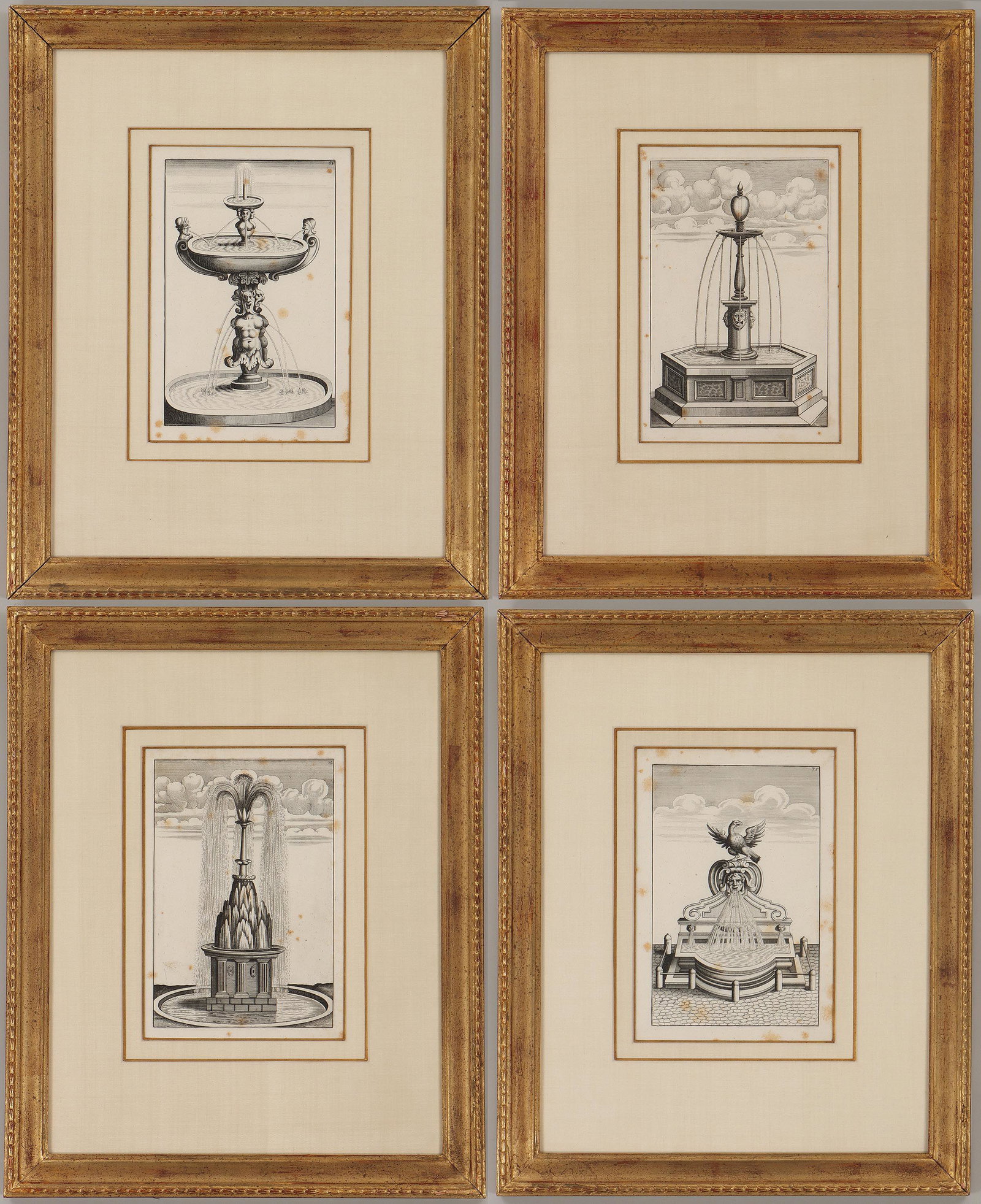 GEORG ANDREAS BOCKLER: GEORG ANDREAS BOCKLER (German, 1617-1687), set of (4) engravings featuring designs for Baroque fountains, plates from ''Architectura Curiosa Nova Pars Tertia'', Paul Furst: Nuremberg, 1664, on laid pa