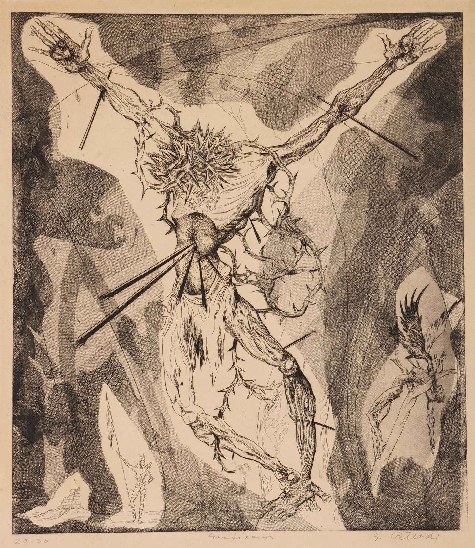 GABOR F. PETERDI: GABOR F. PETERDI (Hungarian-American, 1915-2001), ''Crucifixion'', circa 1940s, etching and engraving on wove paper, pencil signed, titled and numbered ''20-30'' in lower margin, unframed. Toning, min