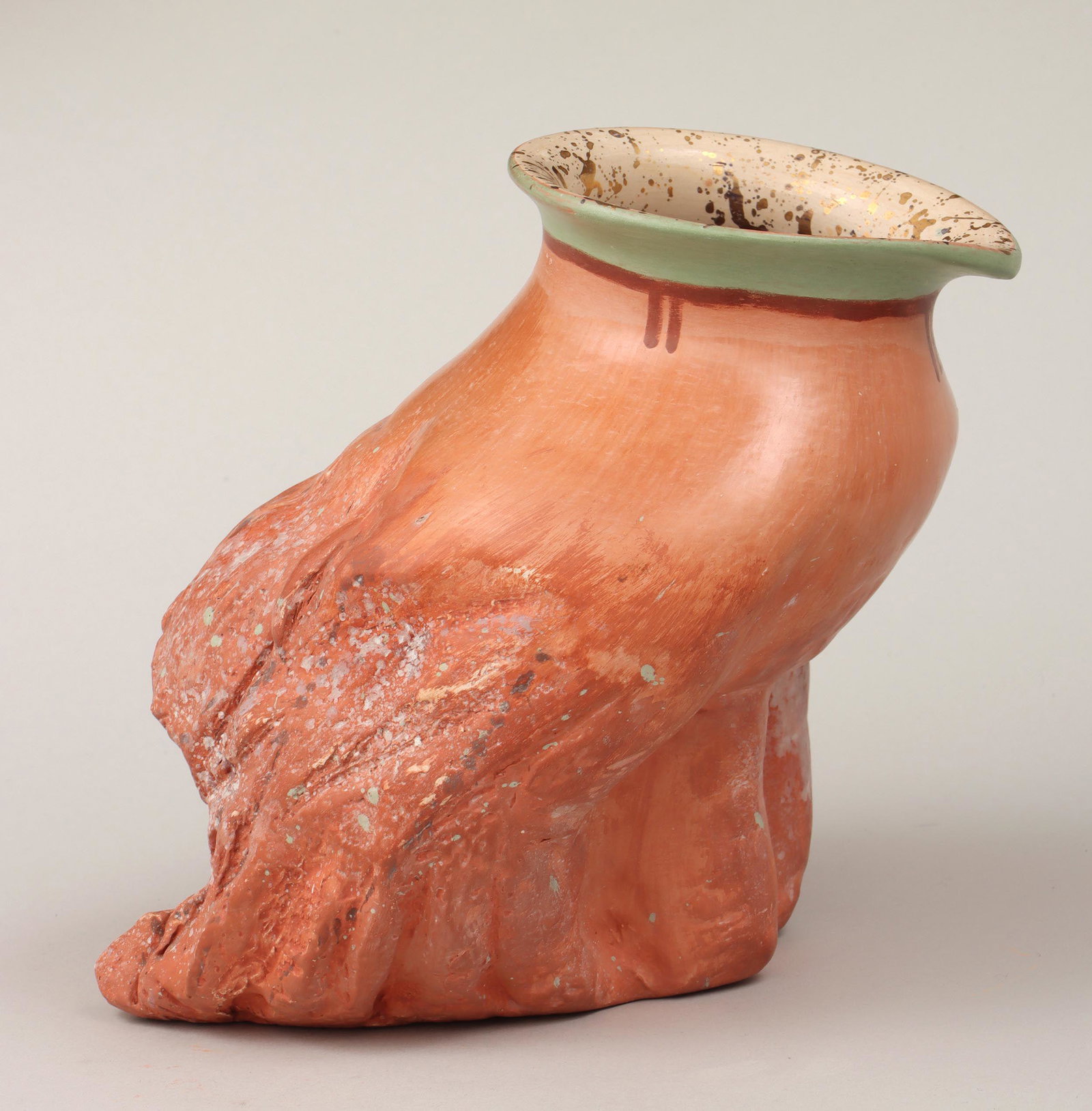 NATHAN BEGAYE: NATHAN BEGAYE (Hopi-Navajo, 1958-2010), ''partially collapsed'' polychrome painted jar, top with spout and gilt splatter decoration inside, bottom having appearance of natural clay in the form of a bi
