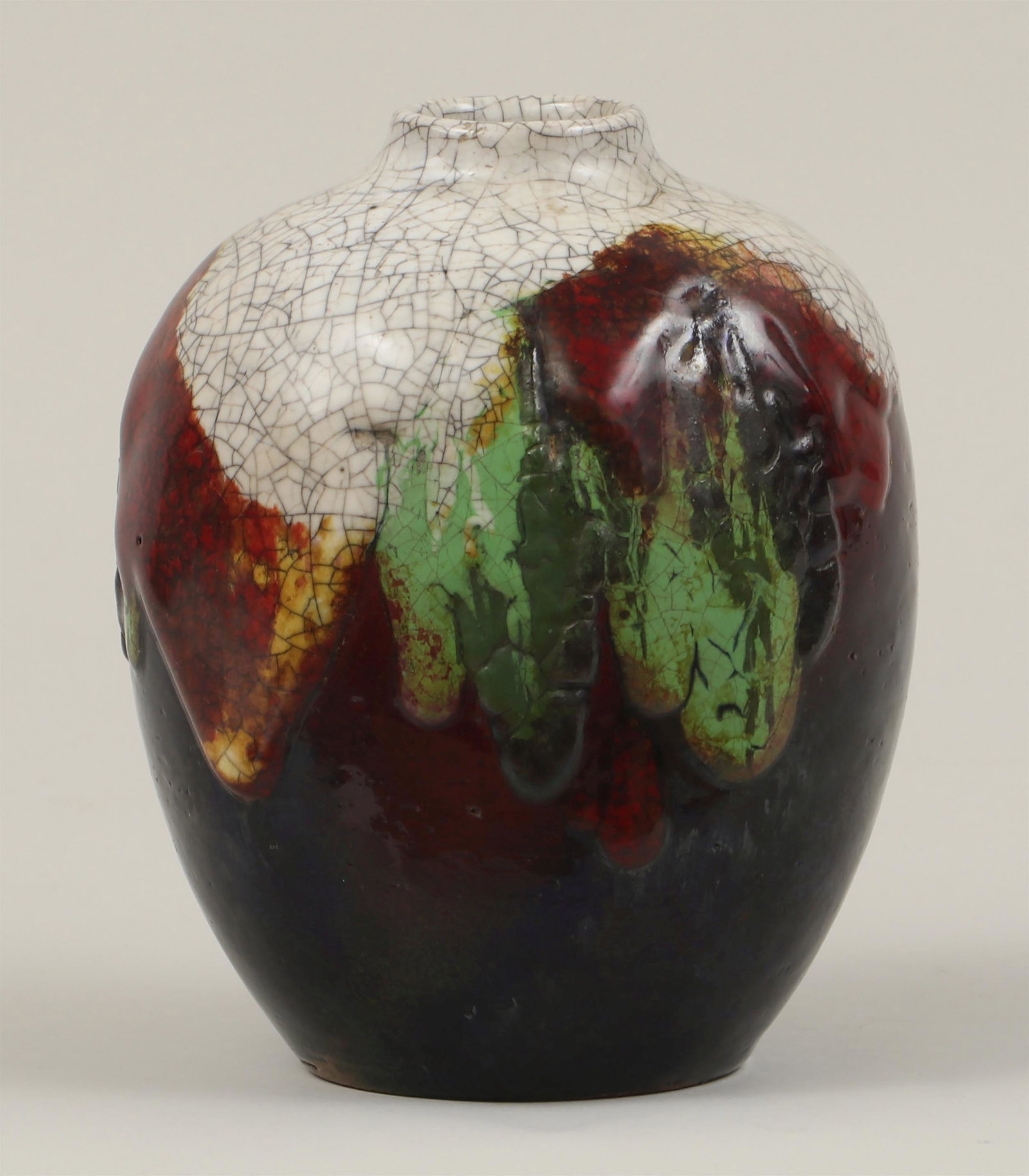 Chang ware vase: Royal Doulton Chang ware vase with small opening, by CHARLES NOKE (British, 1858-1941) and HARRY NIXON (British, 1886-1955), signed, marked, and numbered to bottom. 7-1/2''h. IMPORTANT SHIPPING INFORM