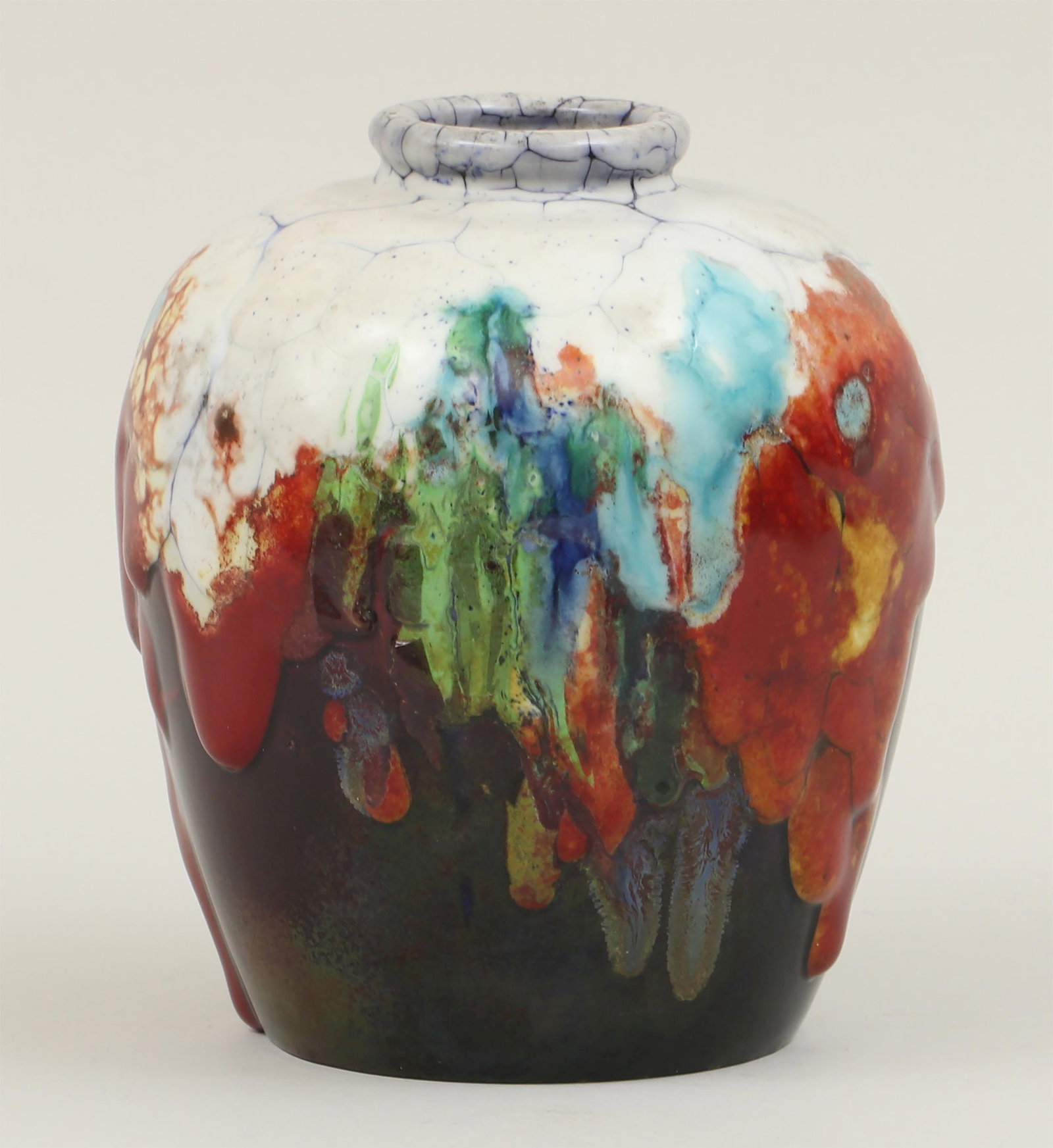 Chang ware vase: Large Royal Doulton Chang ware vase, by CHARLES NOKE (British, 1858-1941) and HARRY NIXON (British, 1886-1955), 1929, signed, marked, dated and numbered ''7467'' to bottom. Royal Doulton Burslem label