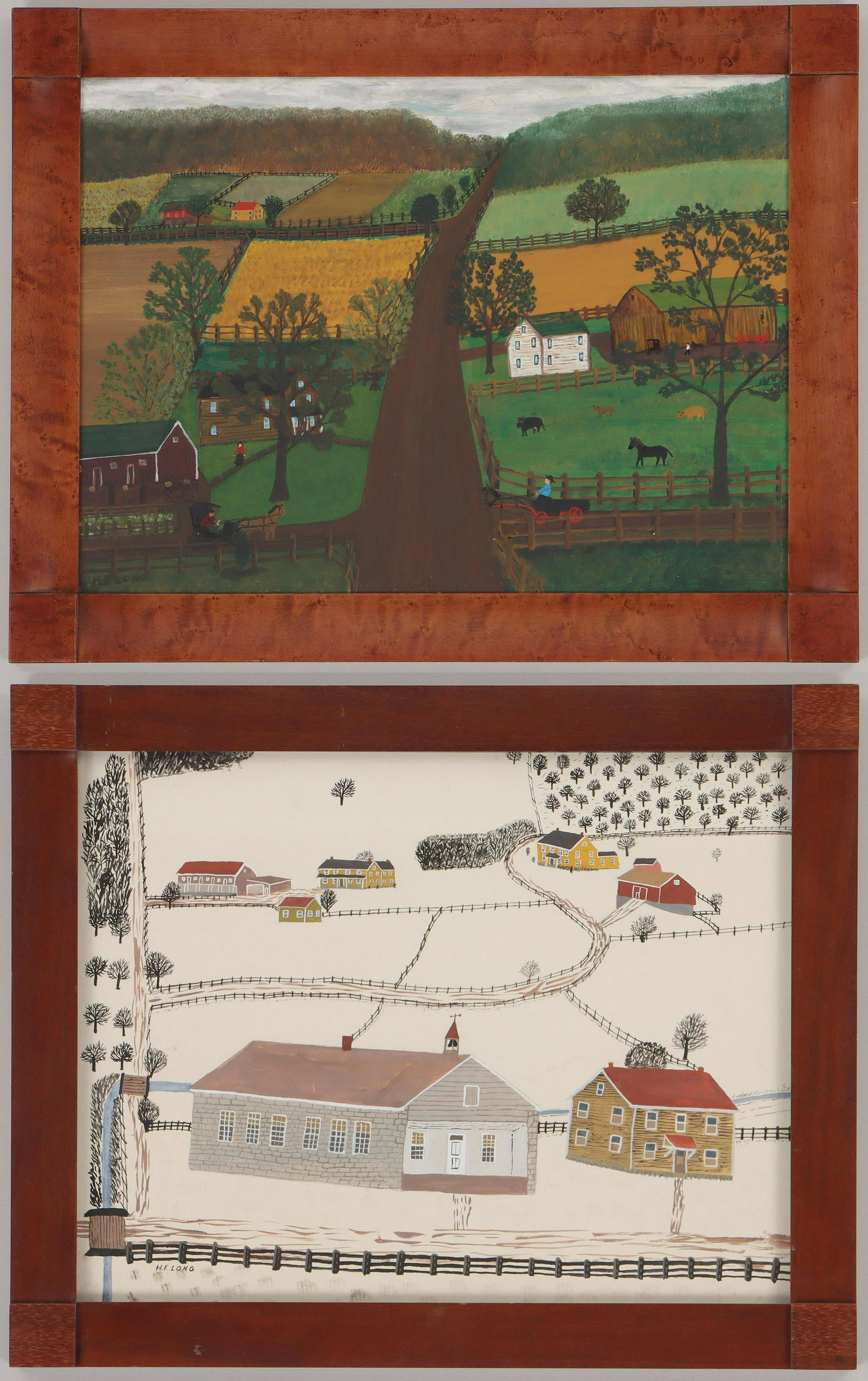 HARRY F. ''SHORTY'' LONG: HARRY F. ''SHORTY'' LONG (American, 1895-1970), group of (2) artworks, to include: village scene, oil on board, signed lower left; and winter village scene, gouache on paper, signed lower left, (frame