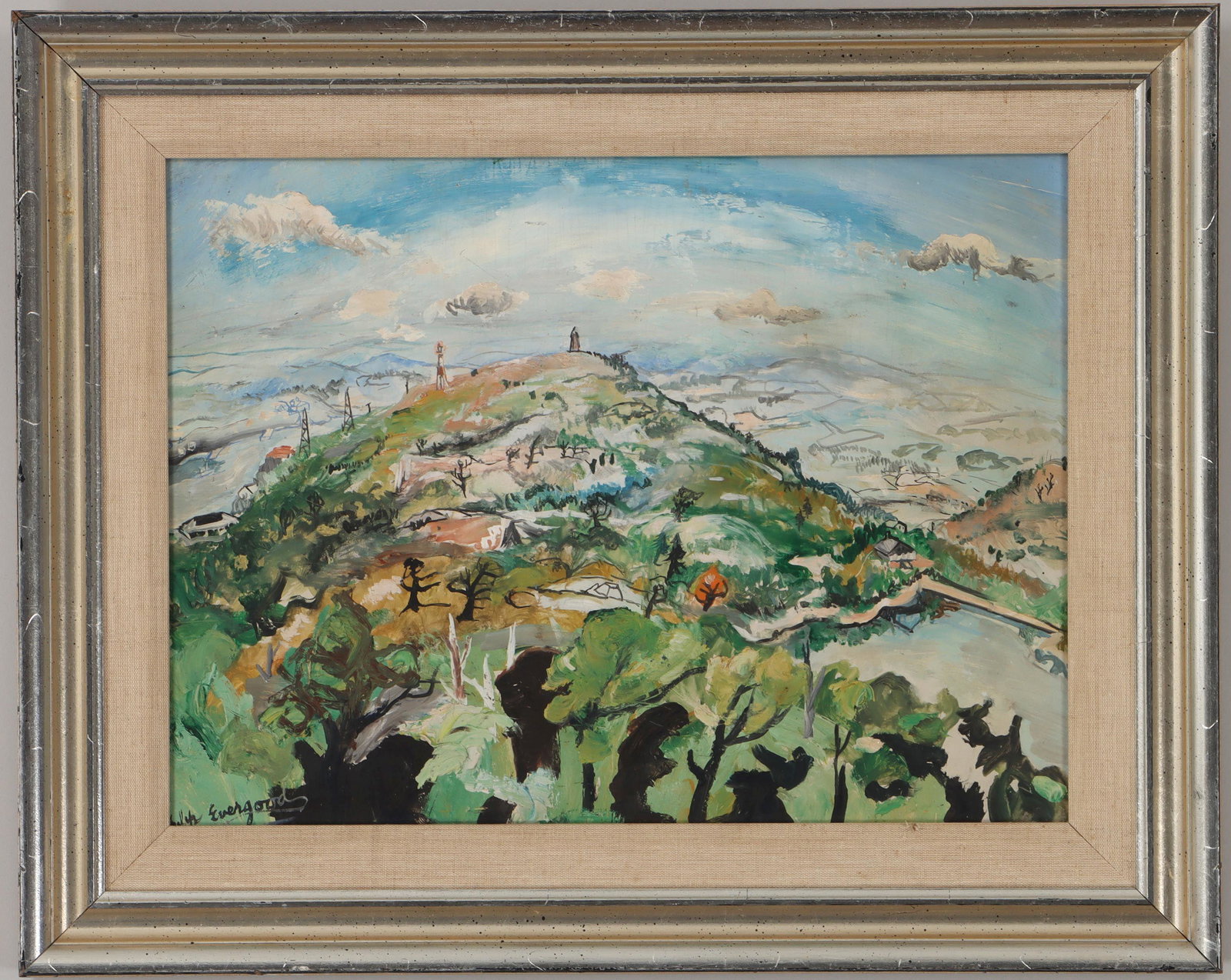 PHILIP EVERGOOD: PHILIP EVERGOOD (American, 1901-1973), landscape, oil and gouache on board, signed lower left. Aging cracks, small flakes, dirt and grime. Board 12''h, 16''w. IMPORTANT SHIPPING INFORMATION 1 - LIVE-S