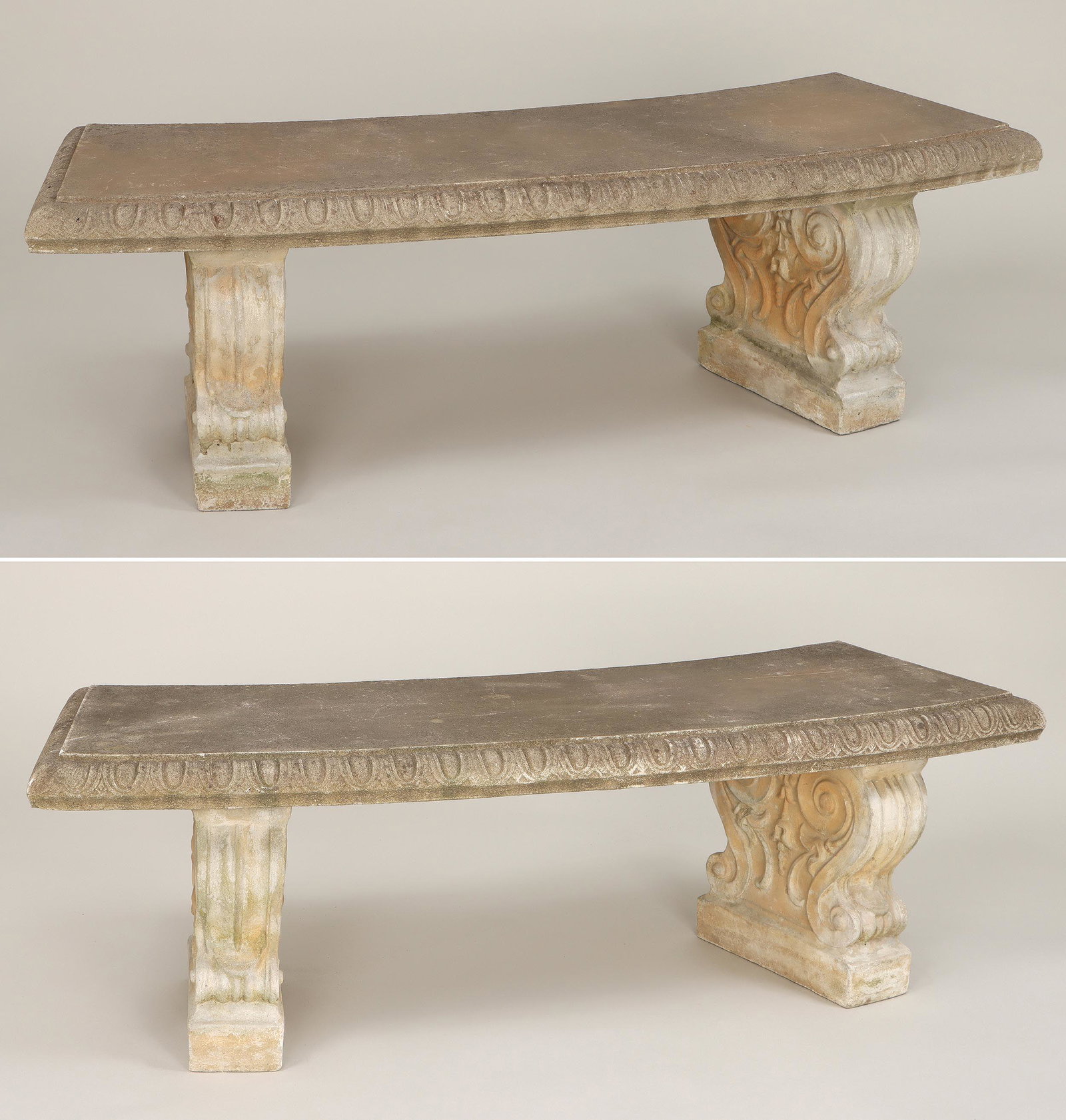 Pair of large cast stone curved garden benches: Pair of large cast stone curved garden benches, the seats with egg-and-dart border, set on scrolled supports, early 20th century. Weathered, minor losses to bases. 60''w, 17-1/2''h, 18''d. IMPORTANT S
