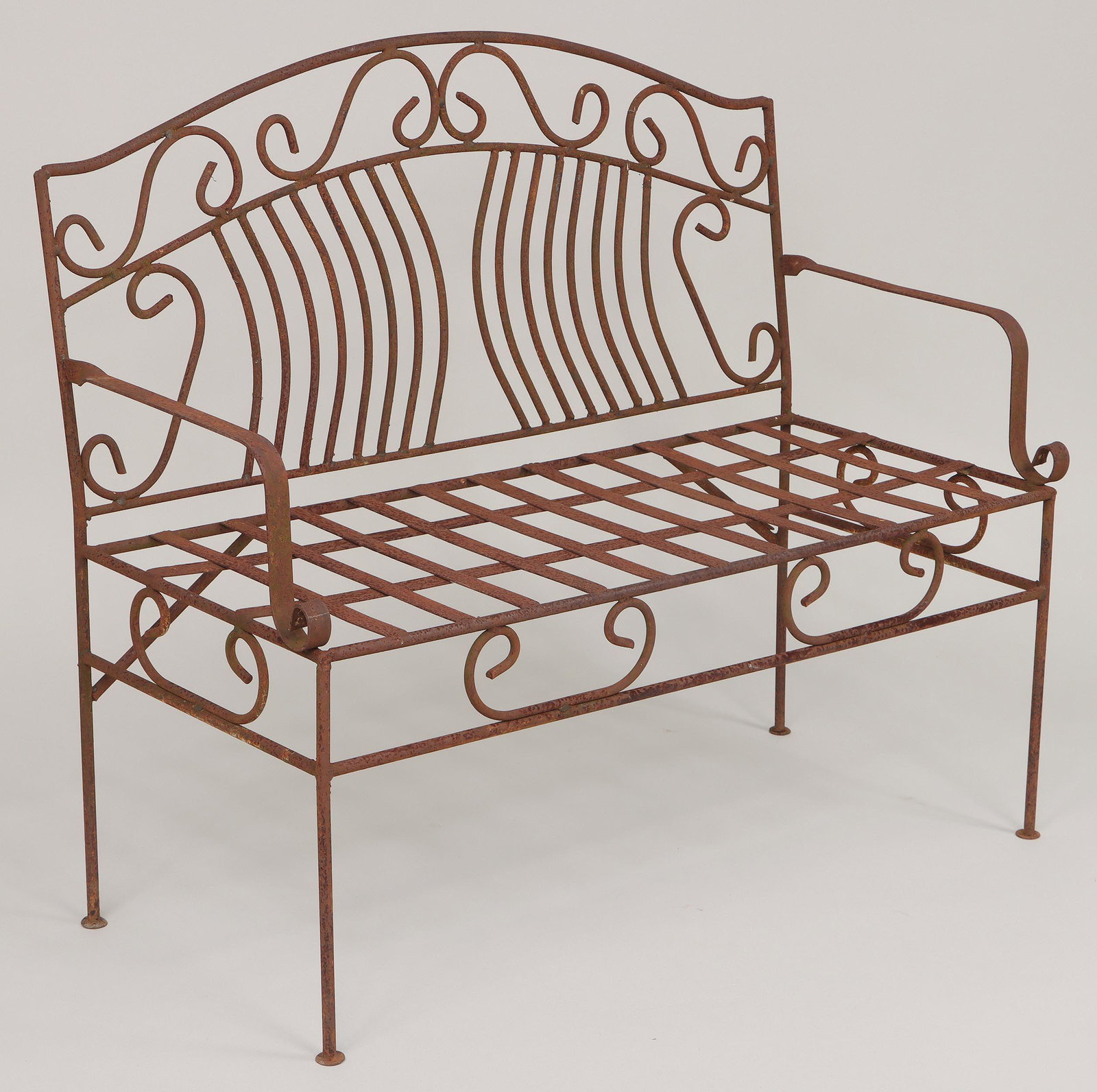 Wrought iron garden bench: Wrought iron garden bench with strapwork seat. Surface rust. 35-3/4''h, 41''w, 20-1/4''d. IMPORTANT SHIPPING INFORMATION 1 - LIVE-SHIPPING : The service is provided by Liveauctioneers. This option is 