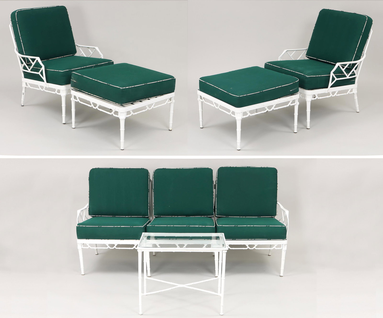Six-piece Brown Jordan aluminum patio set: Six-piece Brown Jordan aluminum patio set in Chinese Chippendale faux bamboo pattern, painted white, with green cushions, to include: settee; pair of armchairs and ottomans; and small glass-top side t