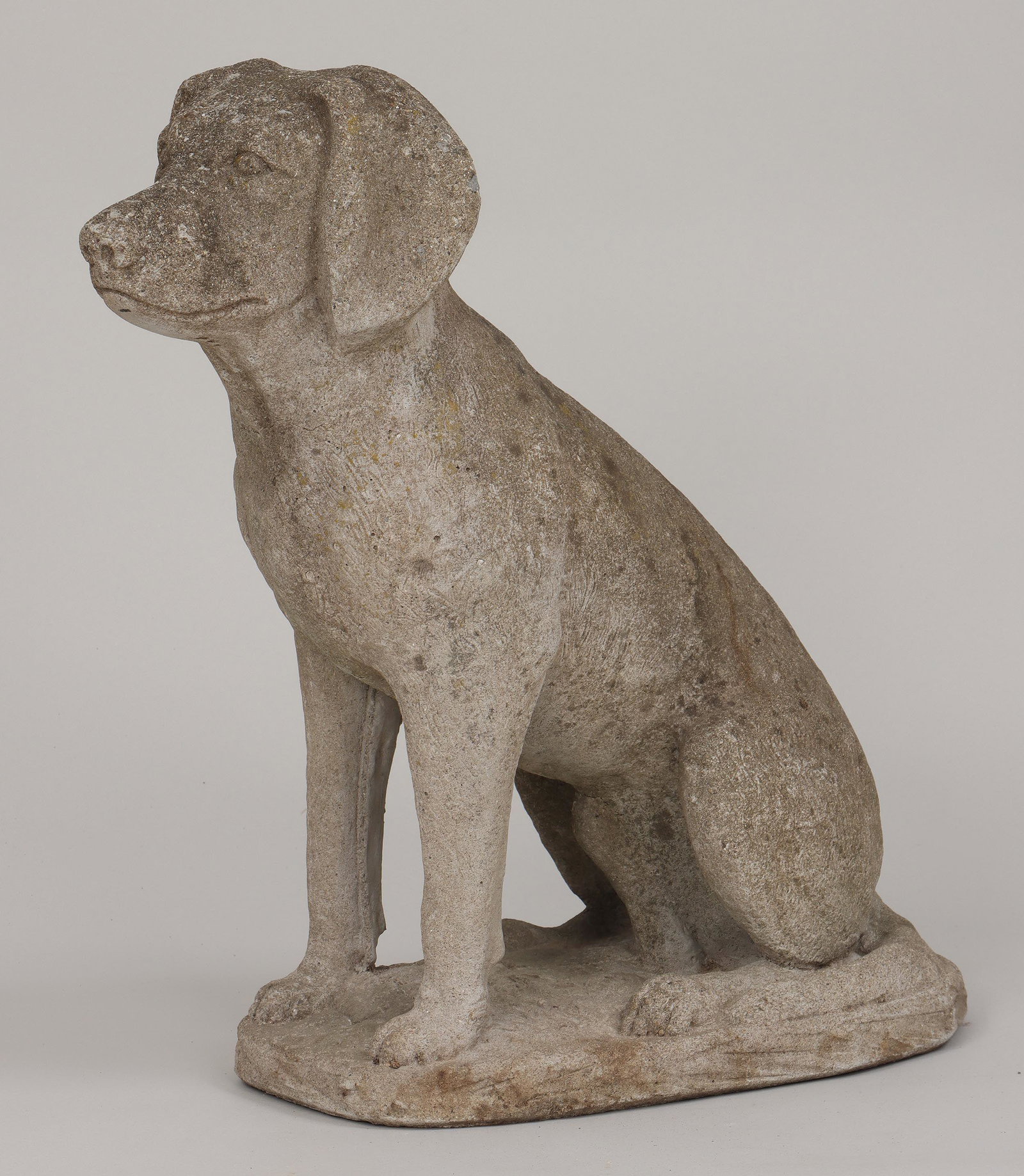 Cast stone seated Labrador: Cast stone seated Labrador puppy garden statue, marked ''Henri Studios, 1976''. Weathering. 23''h. IMPORTANT SHIPPING INFORMATION 1 - LIVE-SHIPPING : The service is provided by Liveauctioneers. This o