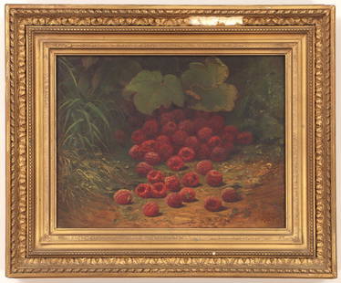 WILLIAM MASON BROWN: WILLIAM MASON BROWN (American, 1828-1898), still life with raspberries on the forest floor, oil on canvas, monogram signed ''WMB'' and inscribed ''658 B'Way'' at lower right, canvas verso with W. Scha