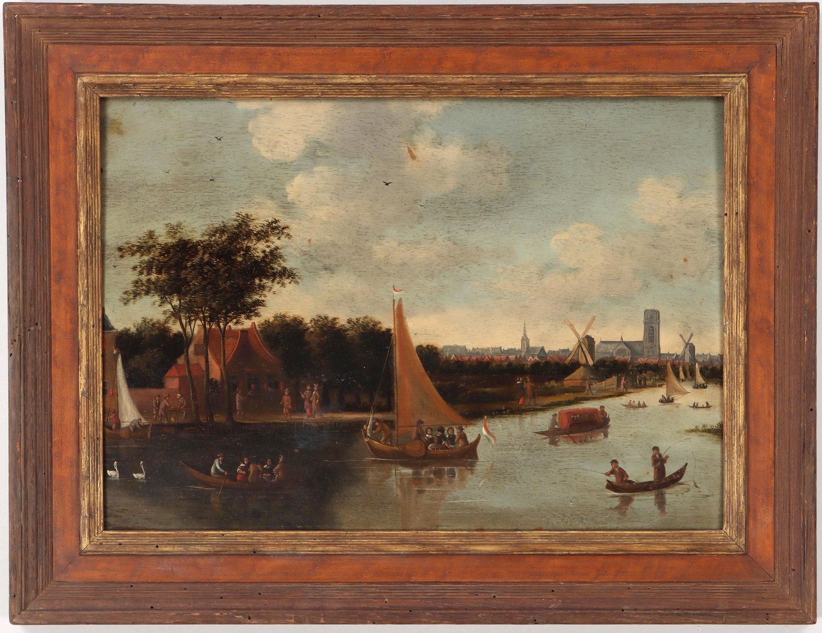 Dutch School (19th century): Dutch School (19th century), view of Rotterdam along the river Rotte with Laurenskirk church in the distance, oil on panel, unsigned. Minor abrasions, touch-ups, dirt and grime. Panel 16''h, 23''w. Pr